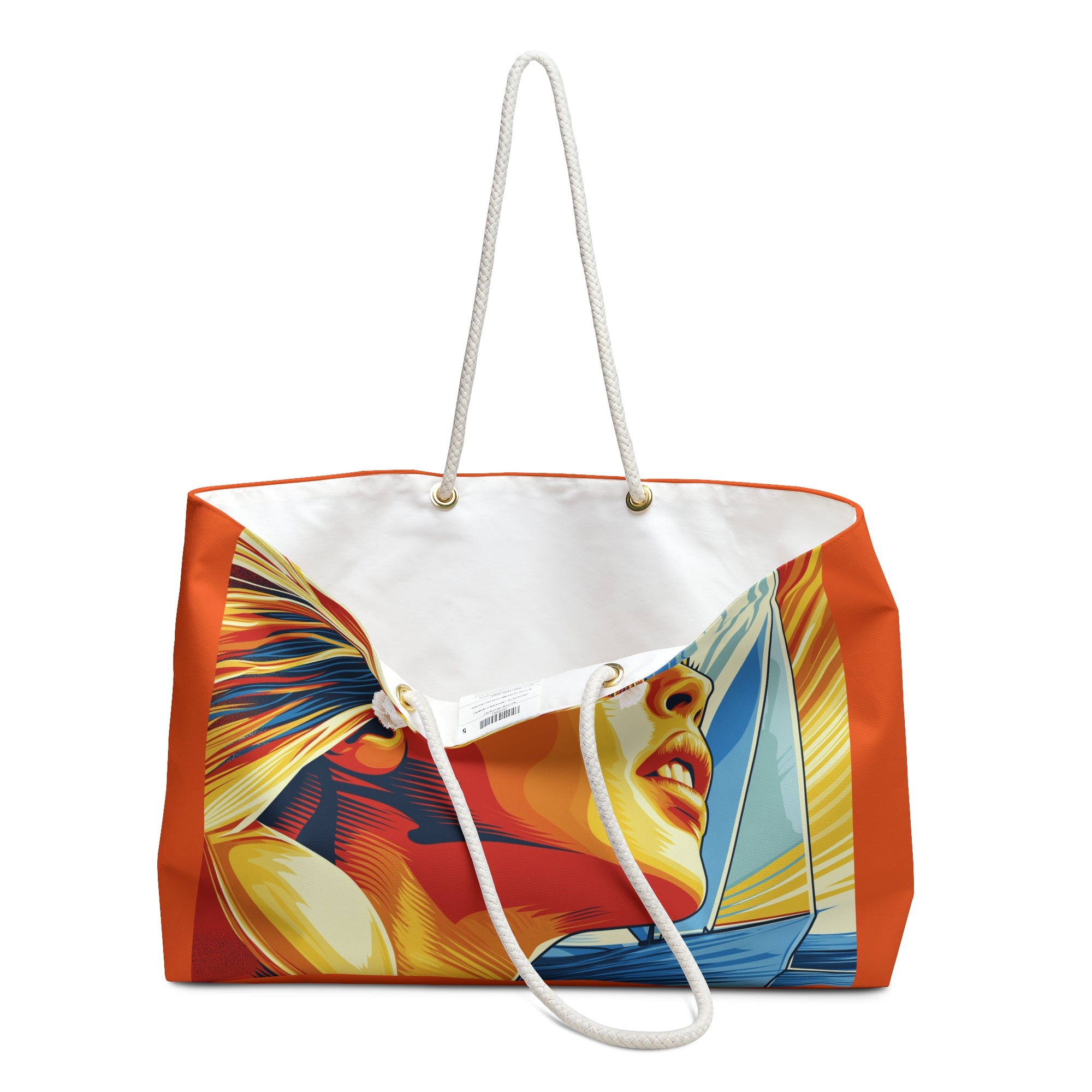 Colorful tote bag with artistic design on a white background