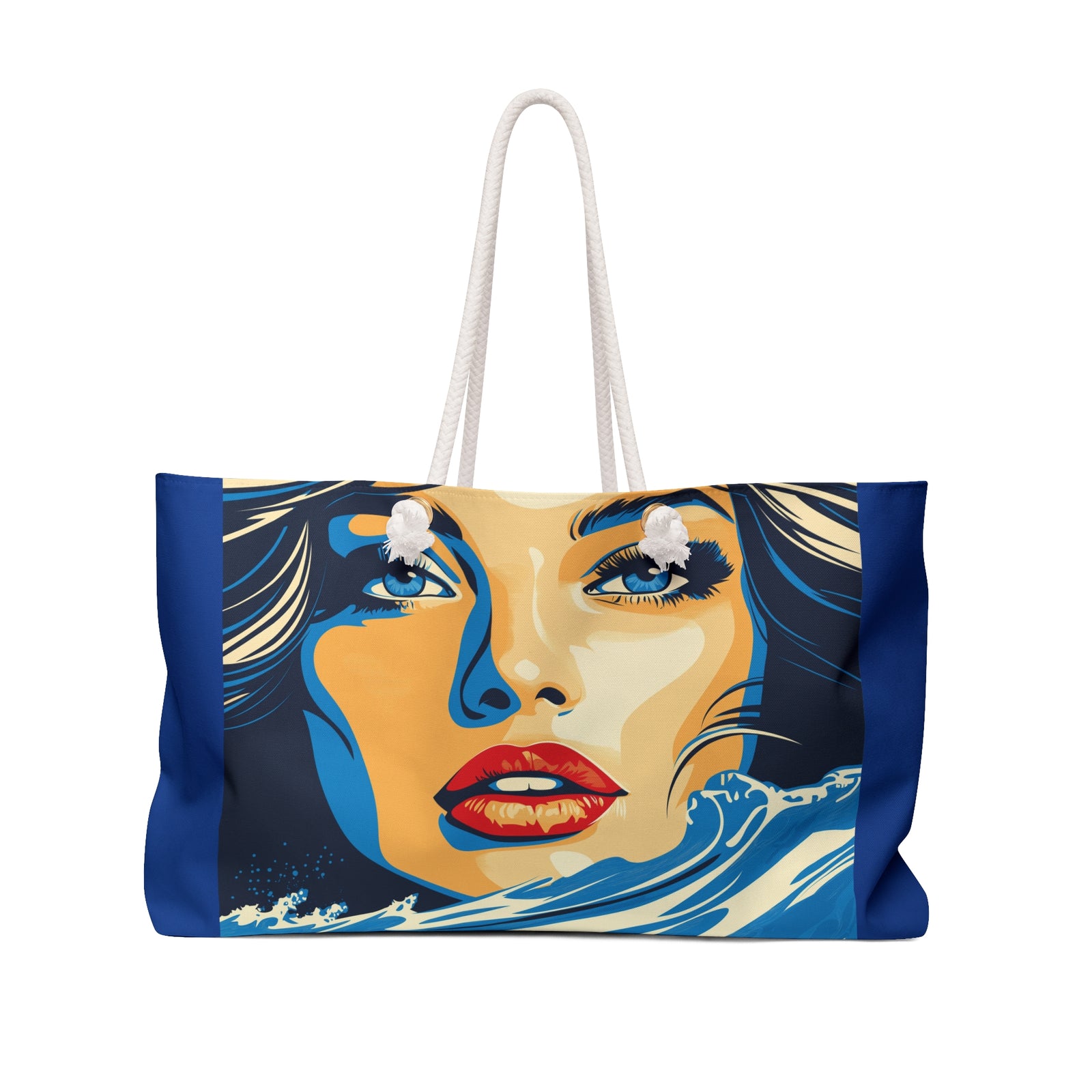 Tote bag with a stylized face design on a white background