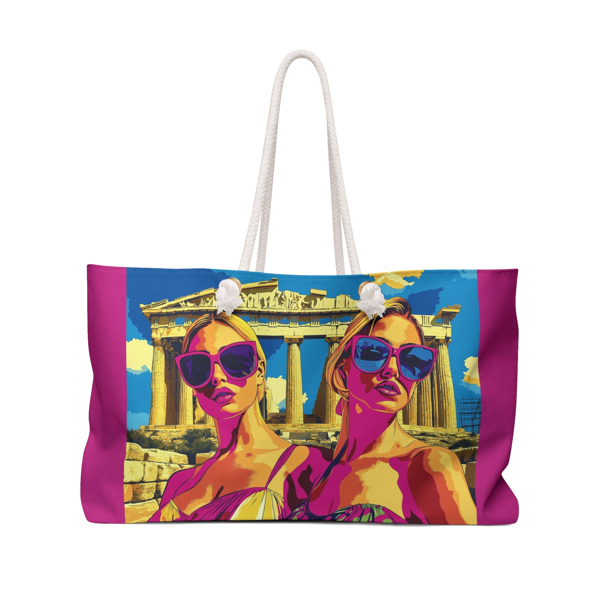 Tote bag with a colorful design of a woman in sunglasses and the Parthenon.