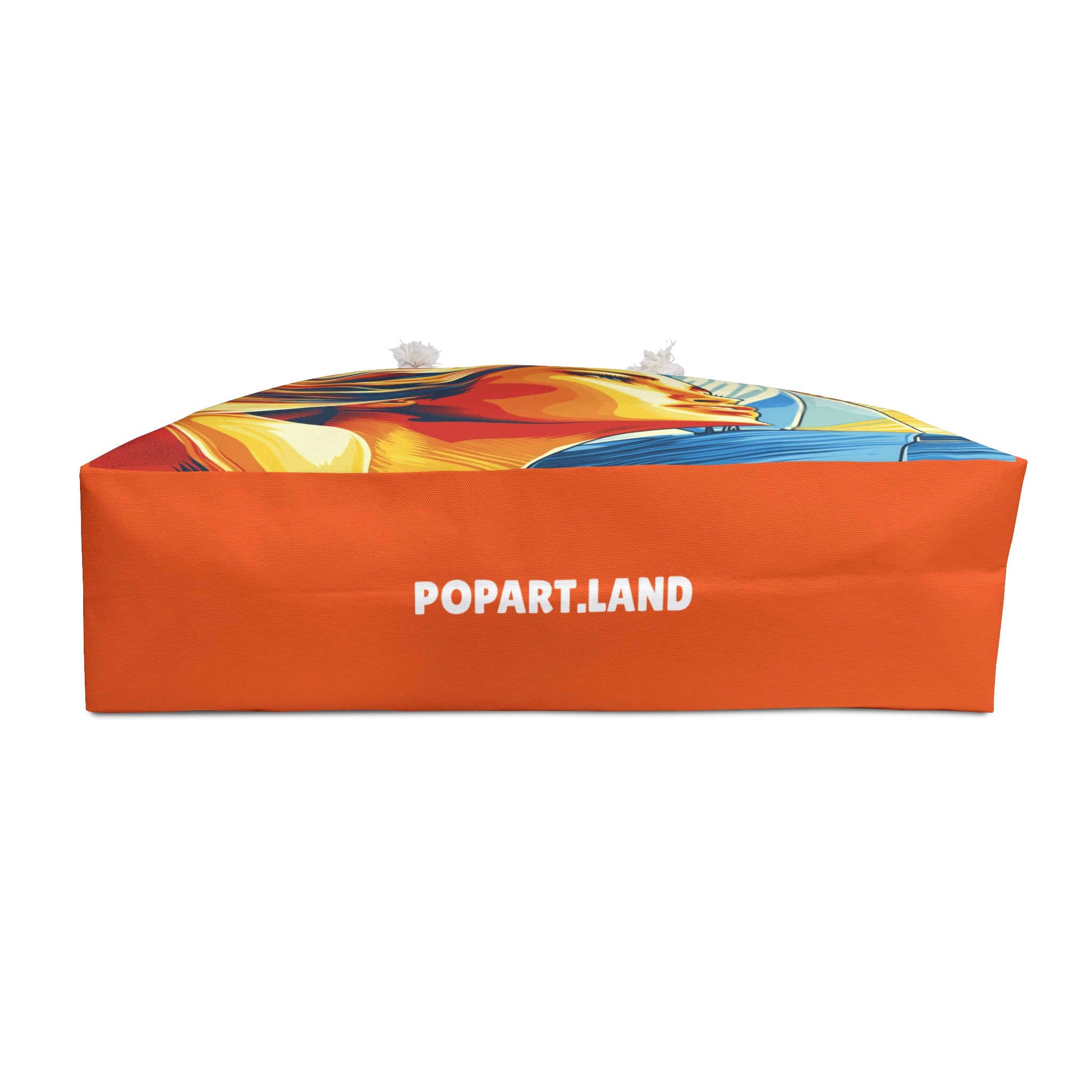 Colorful rectangular object with 'POPART.LAND' branding on an orange background