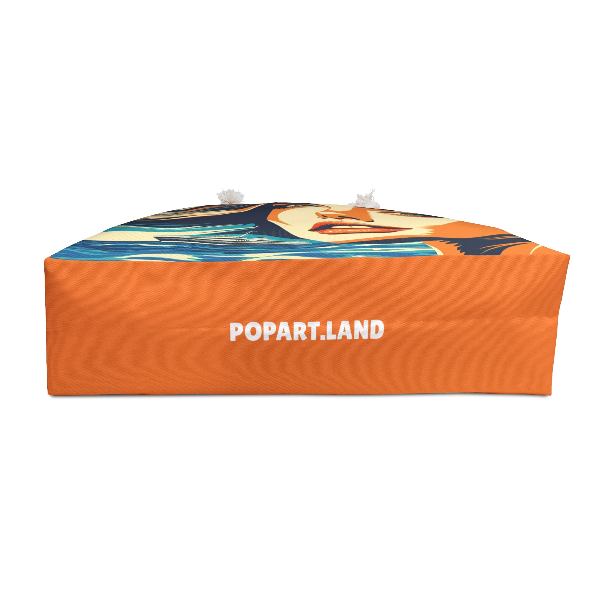 Orange cushion with a colorful design and 'POPART.LAND' branding on a white background