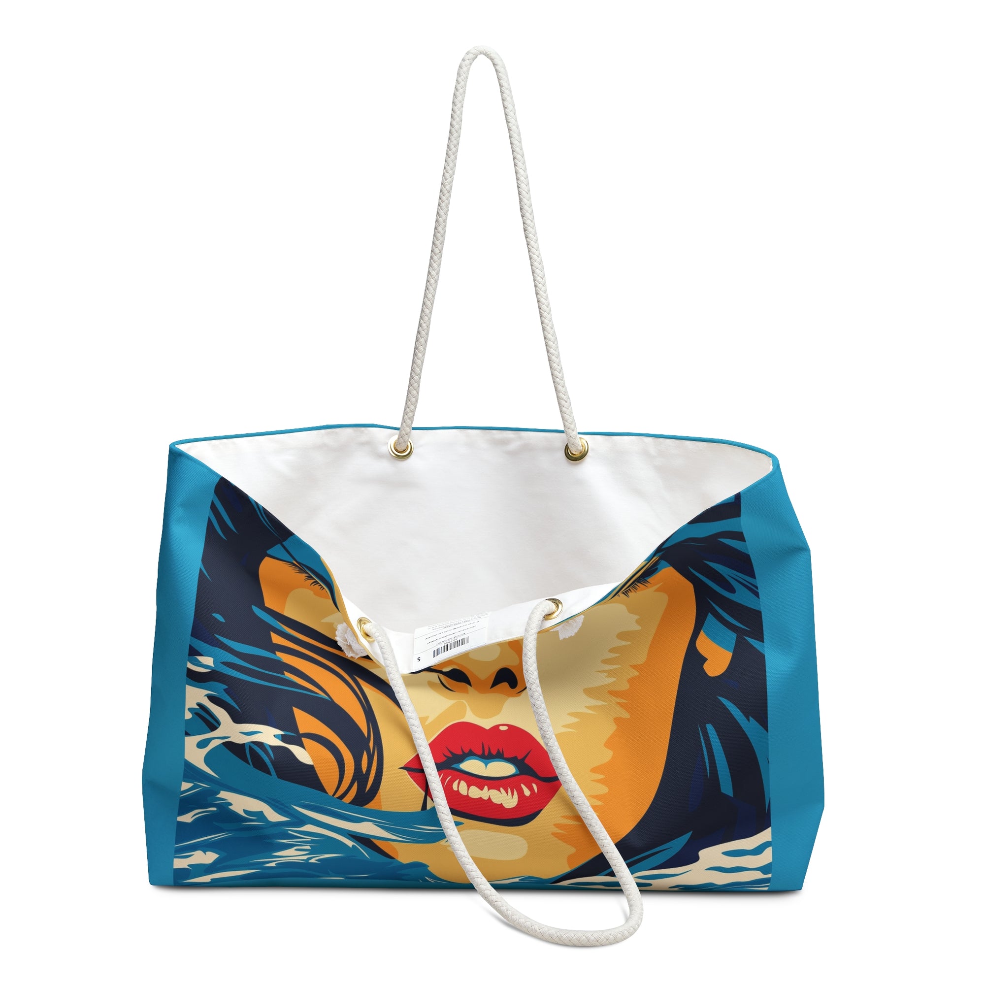 Tote bag with a colorful design of a woman's face on a white background