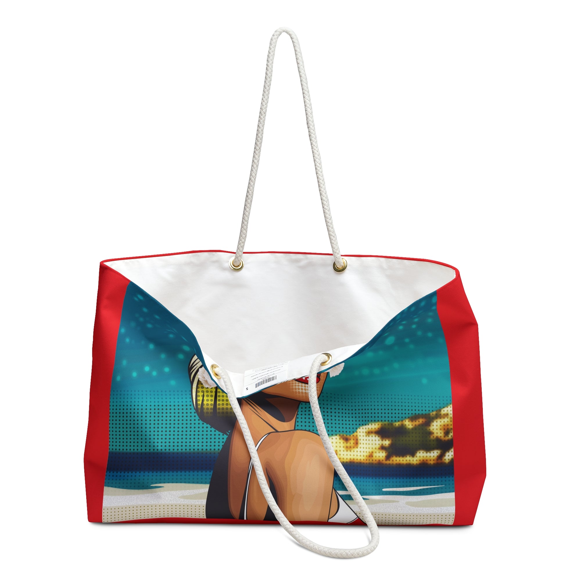 Tote bag with a colorful design of a person on a beach, featuring red, blue, and white colors.