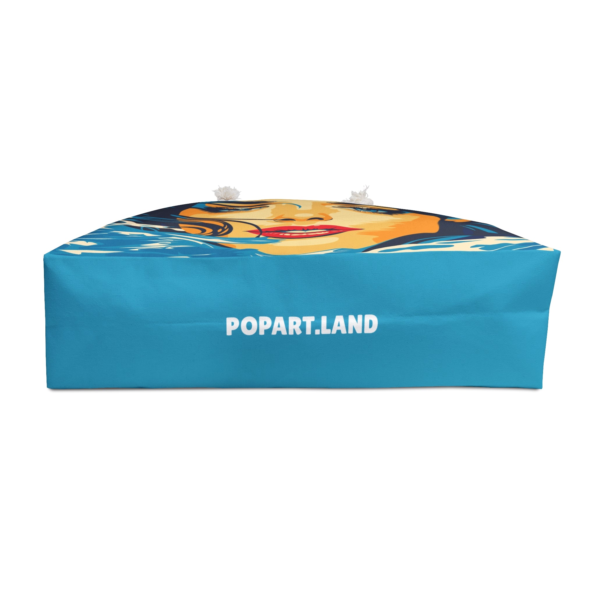 Blue inflatable pool toy with a face design and 'POPART.LAND' text on a white background
