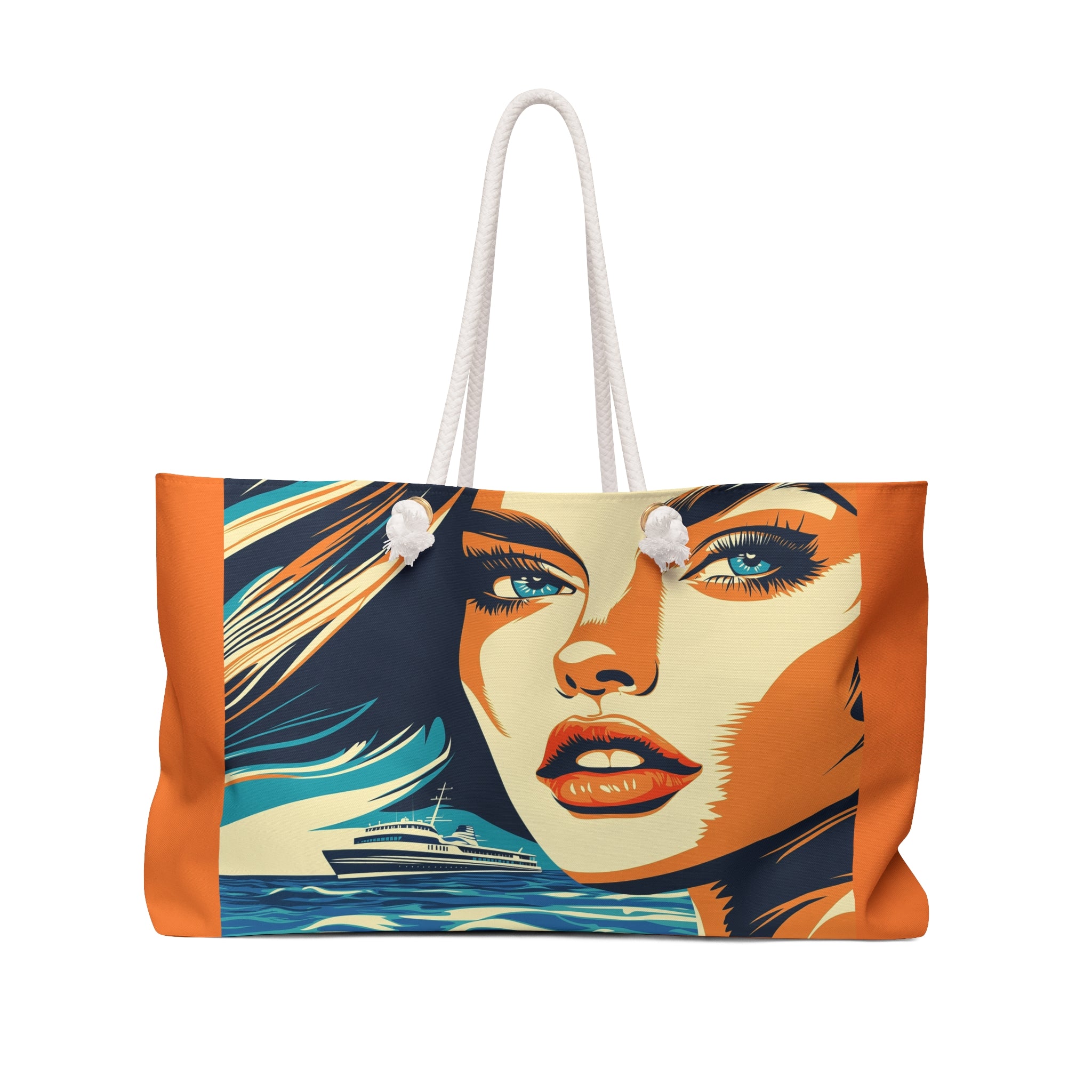 Tote bag with a colorful design of a woman's face and ocean waves on a white background