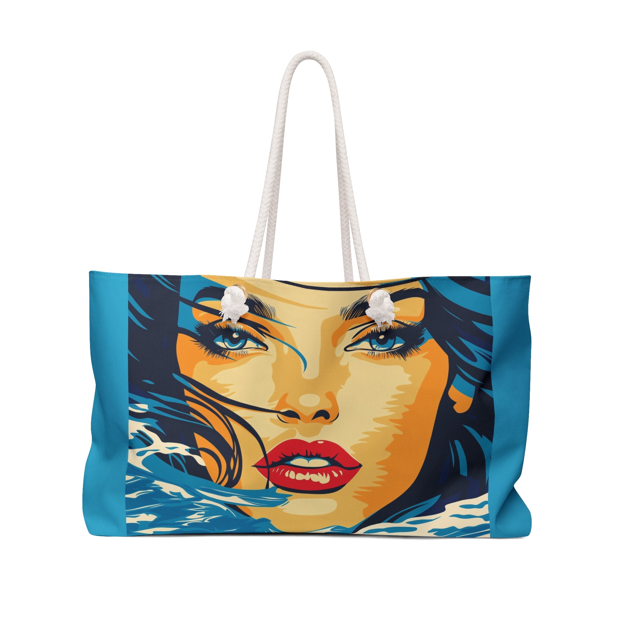 Tote bag with a colorful design of a woman's face on a white background