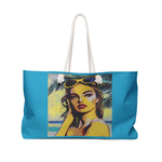 Tote bag with a tropical design featuring a woman on a blue background