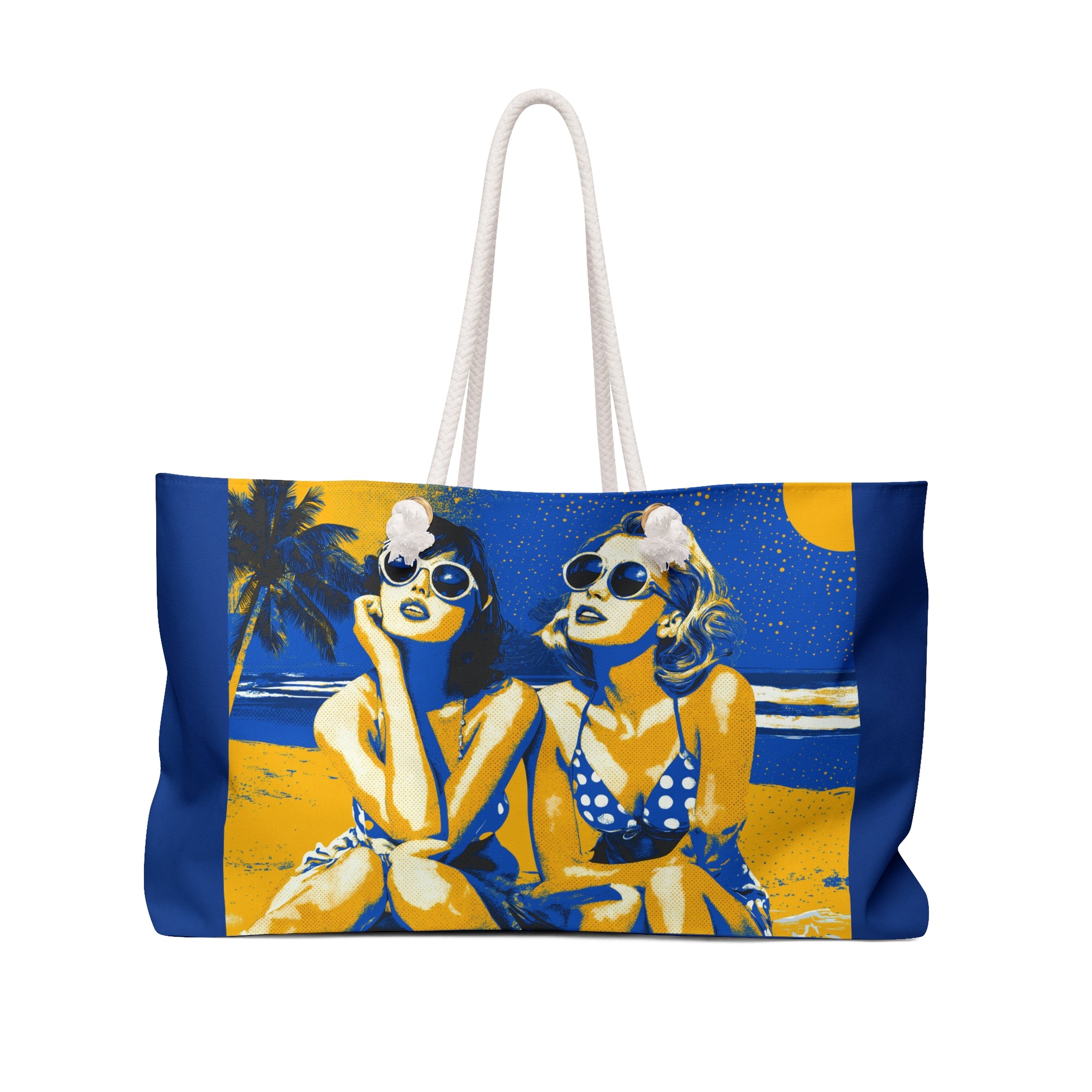 Tote bag with beach scene design featuring two women, palm trees, and a blue sky.