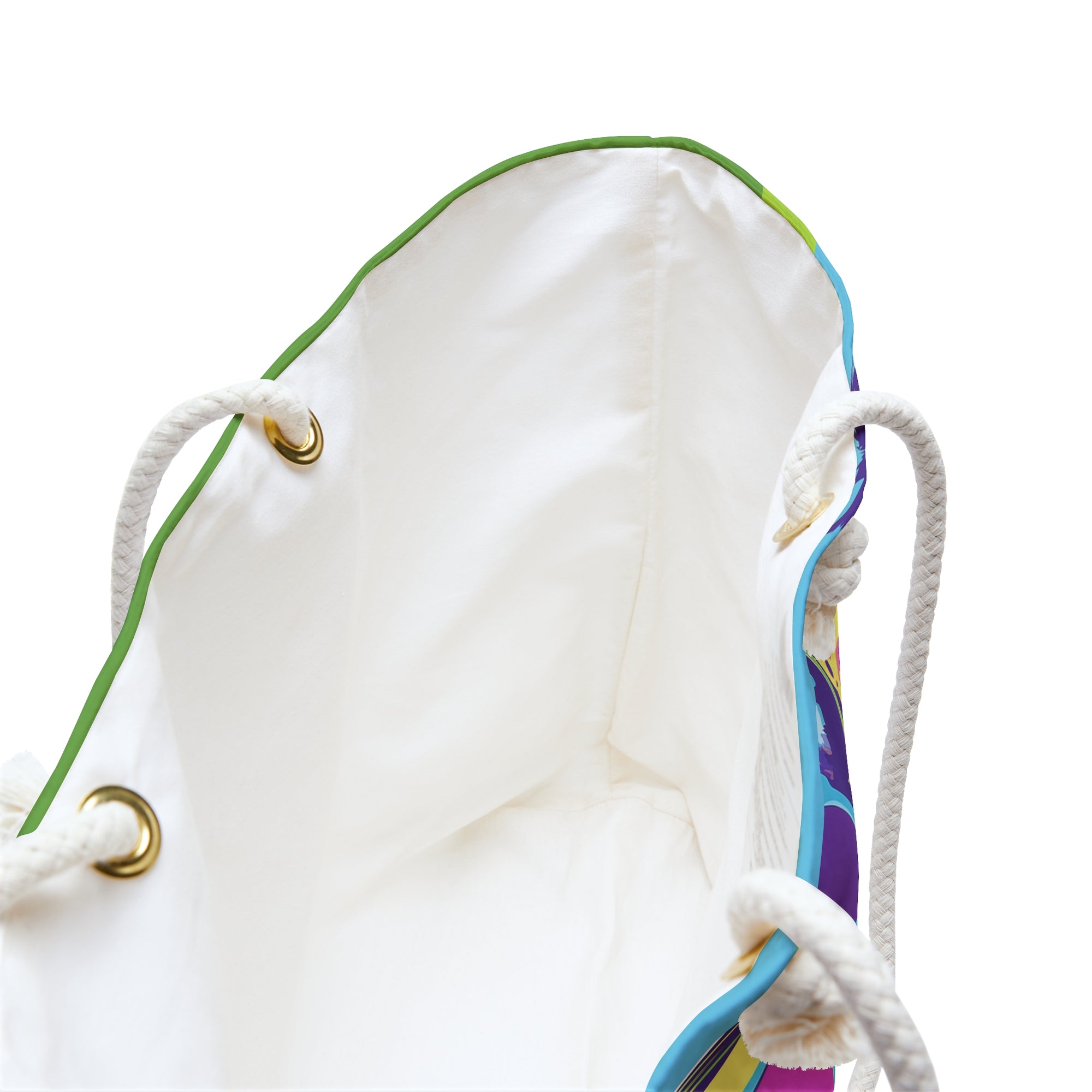 White drawstring bag with colorful accents on a white background
