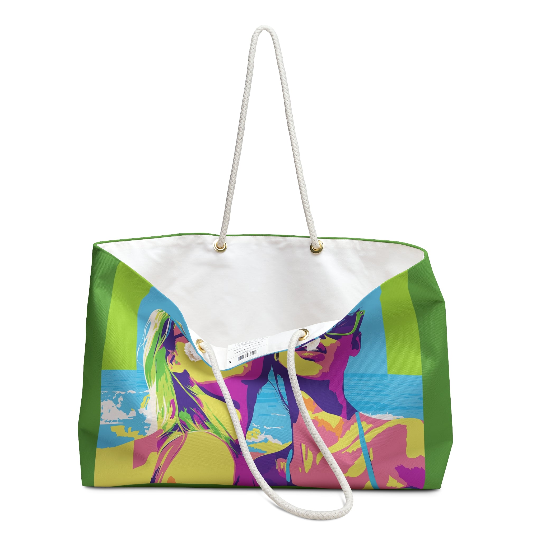 Colorful tote bag with a graphic design on a white background