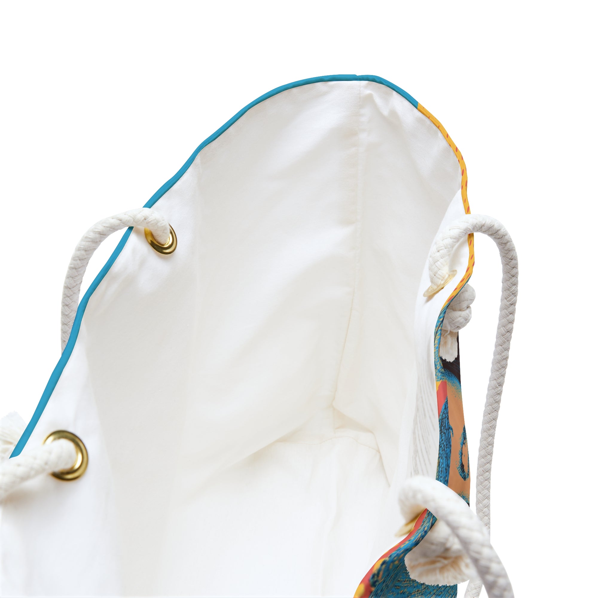 Close-up of a white drawstring bag with colorful patterns on a white background