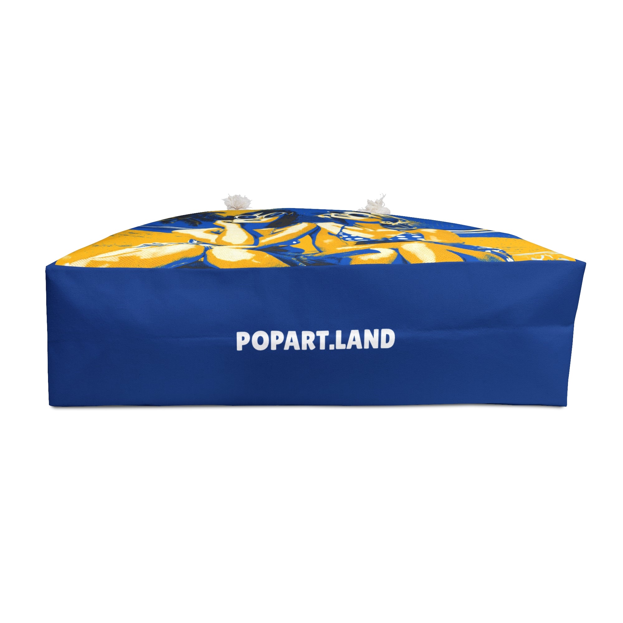 Blue and yellow inflatable structure with 'POPART.LAND' branding on a white background