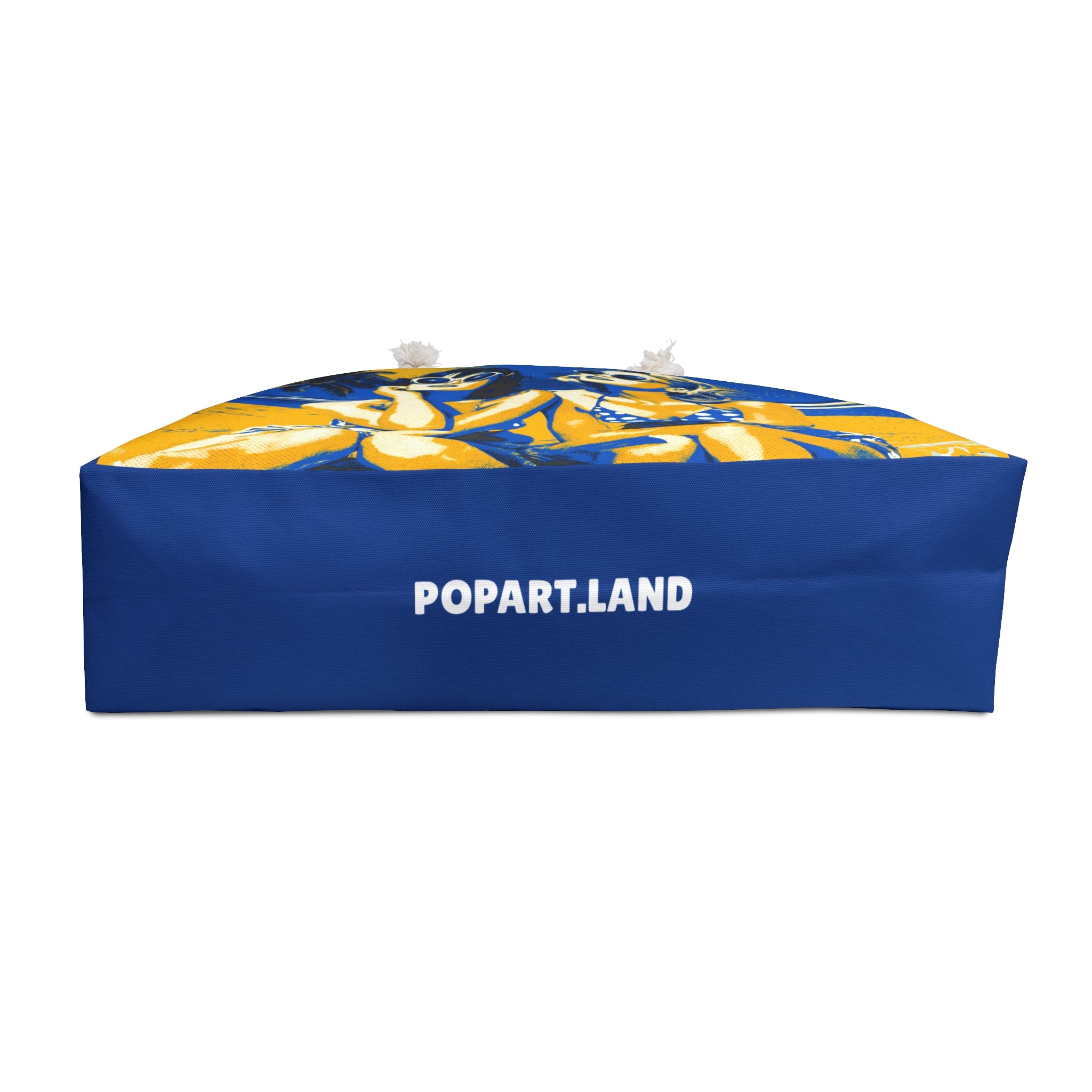 Blue and yellow inflatable structure with 'POPART.LAND' branding on a white background