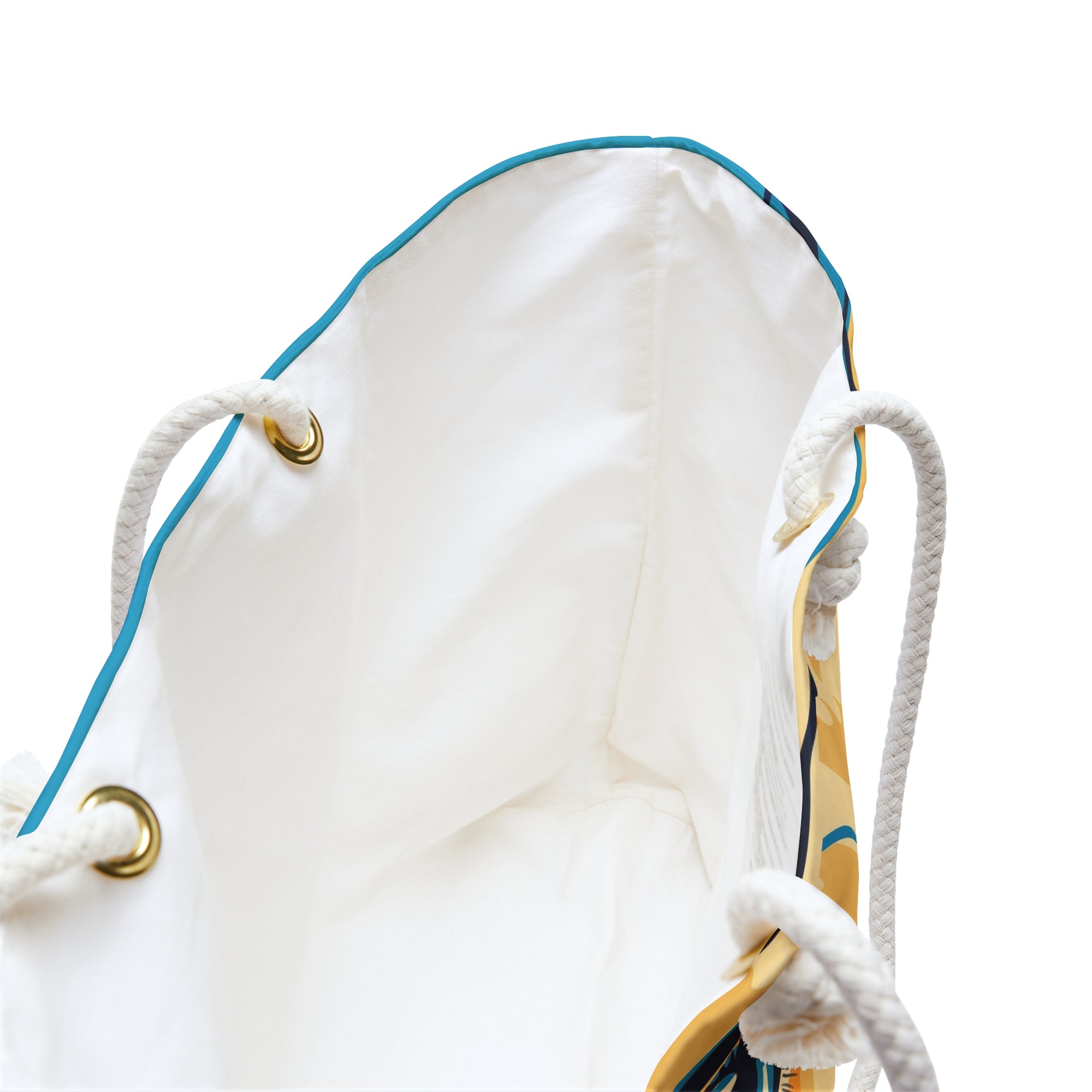 Close-up of a white drawstring bag with blue accents on a white background