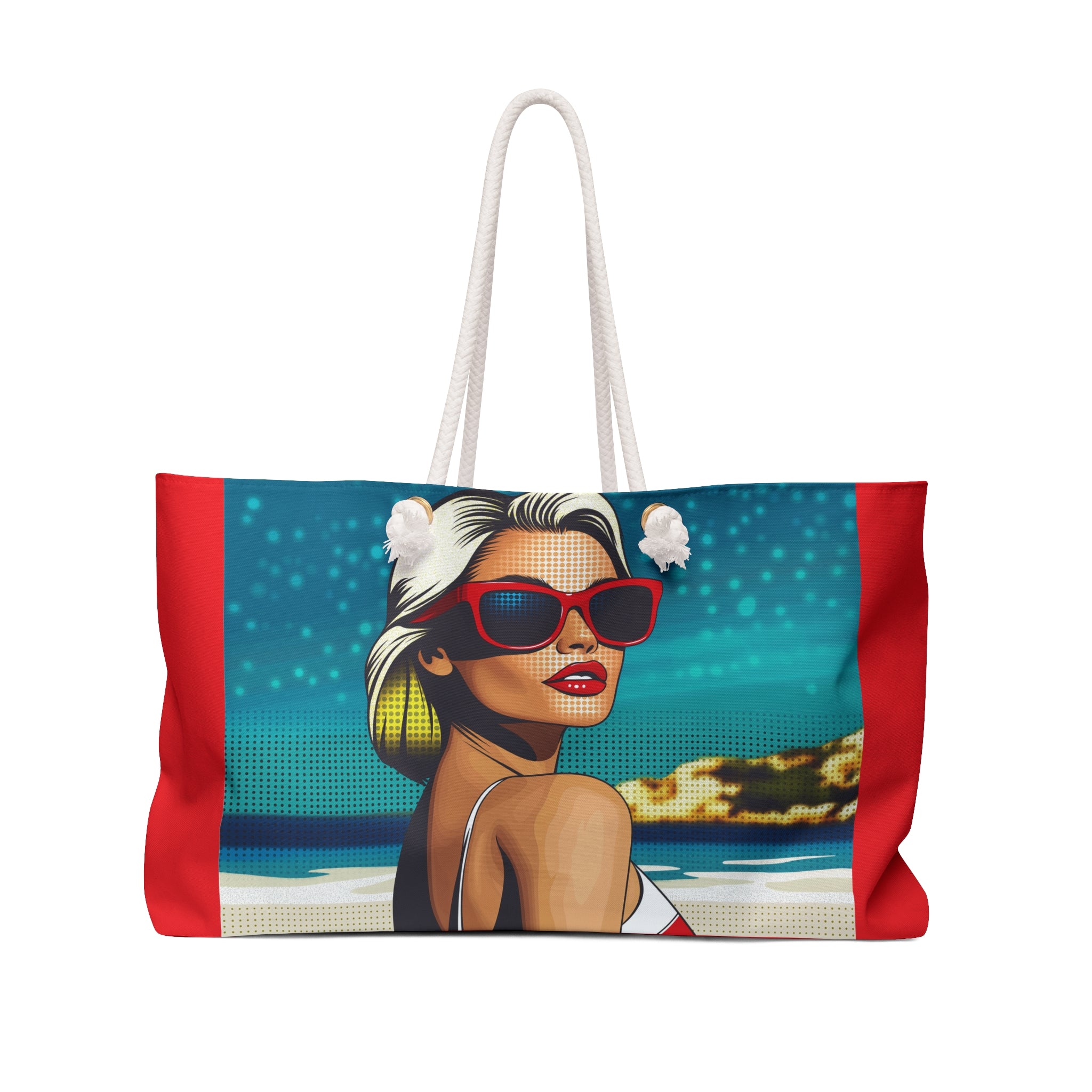 Tote bag with a design of a woman at the beach on a white background
