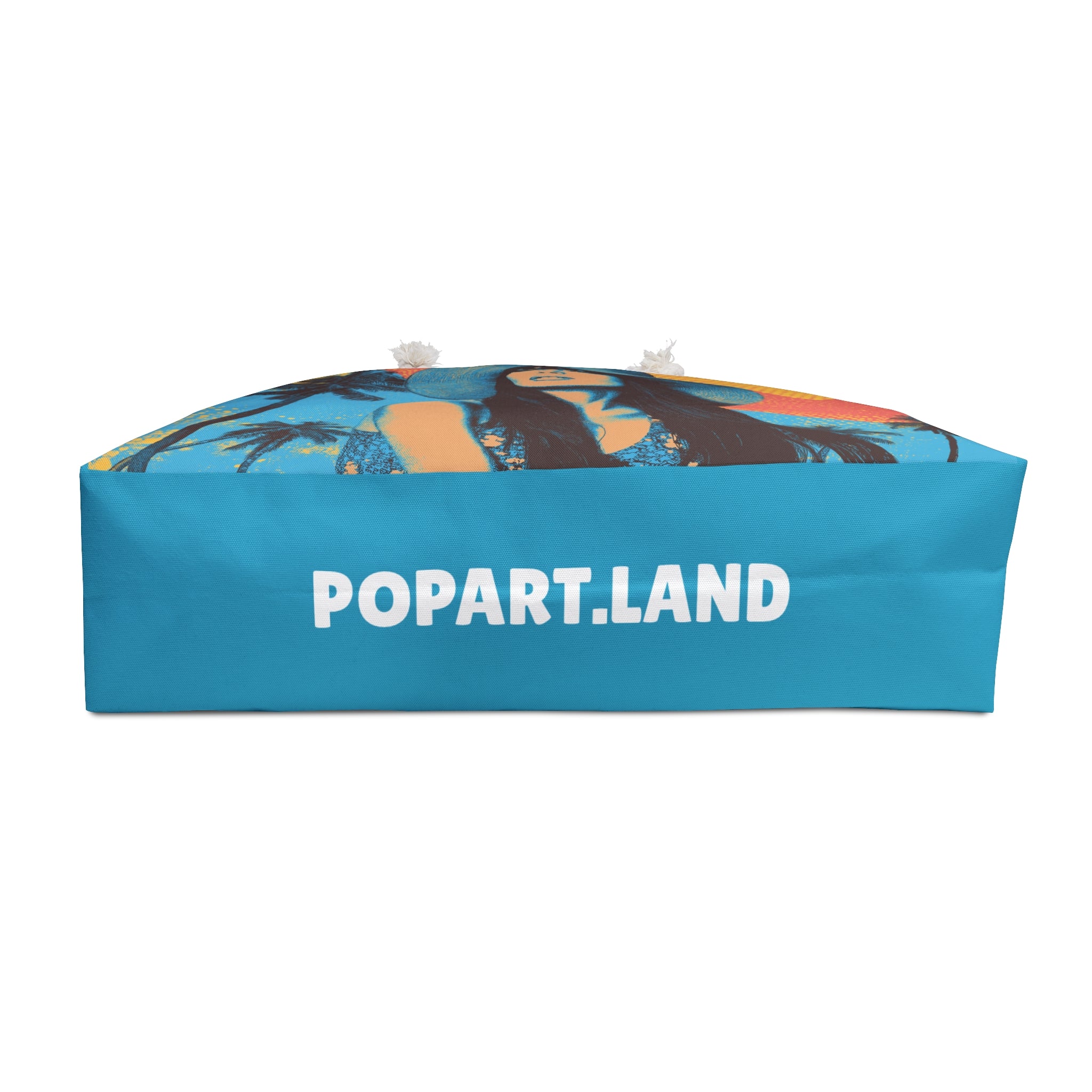 Blue inflatable pool float with 'POPART.LAND' branding on a white background