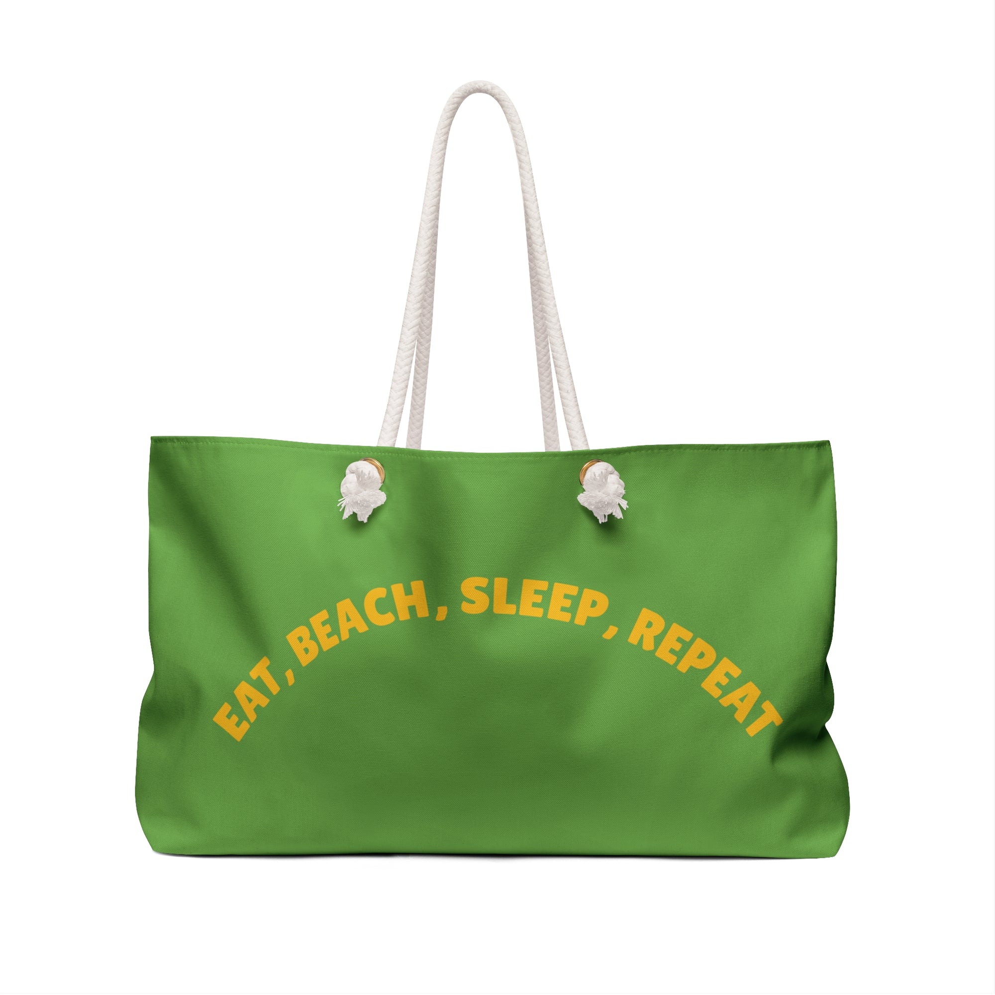 Green tote bag with 'EAT, BEACH, SLEEP, REPEAT' text on a white background