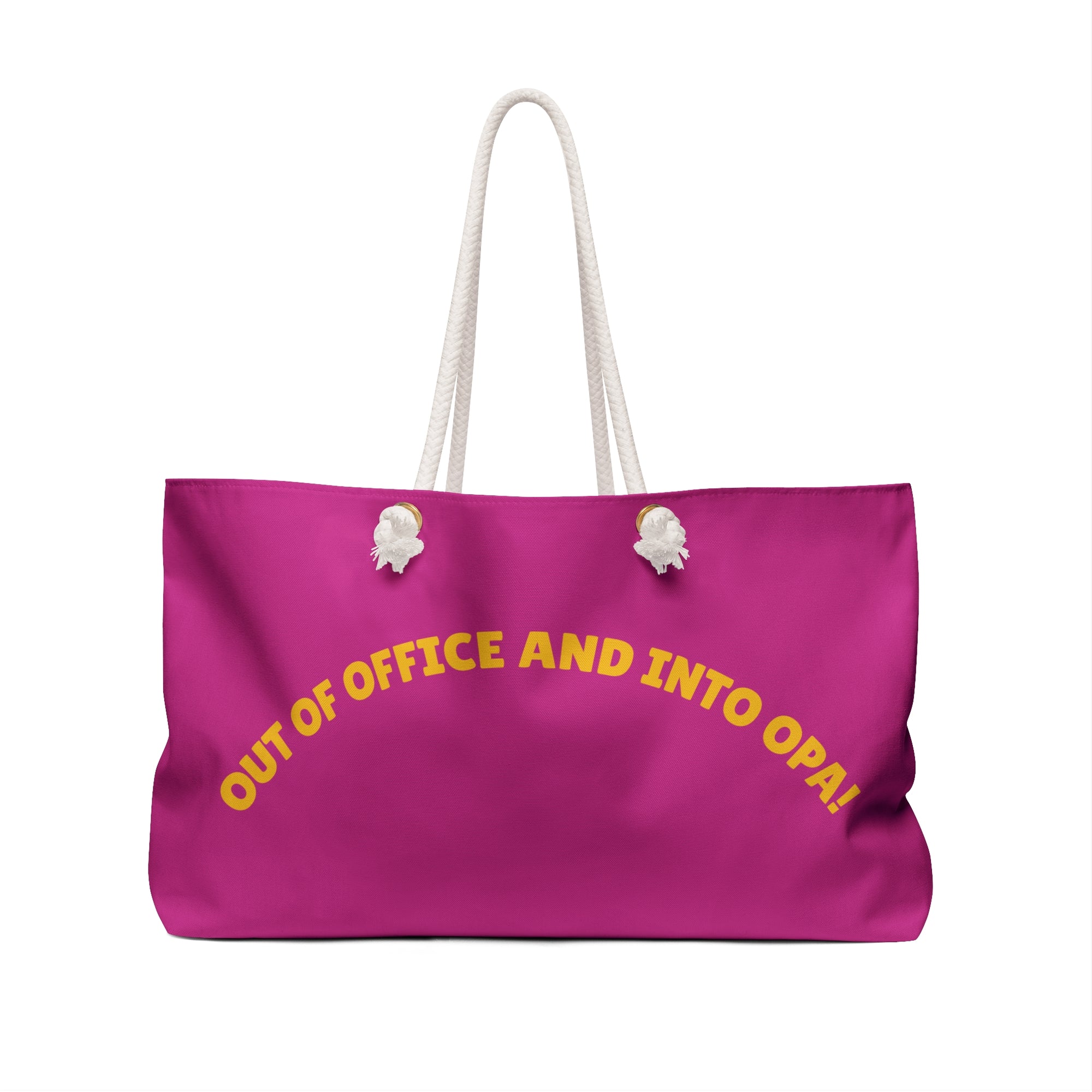 Pink tote bag with yellow text on a white background