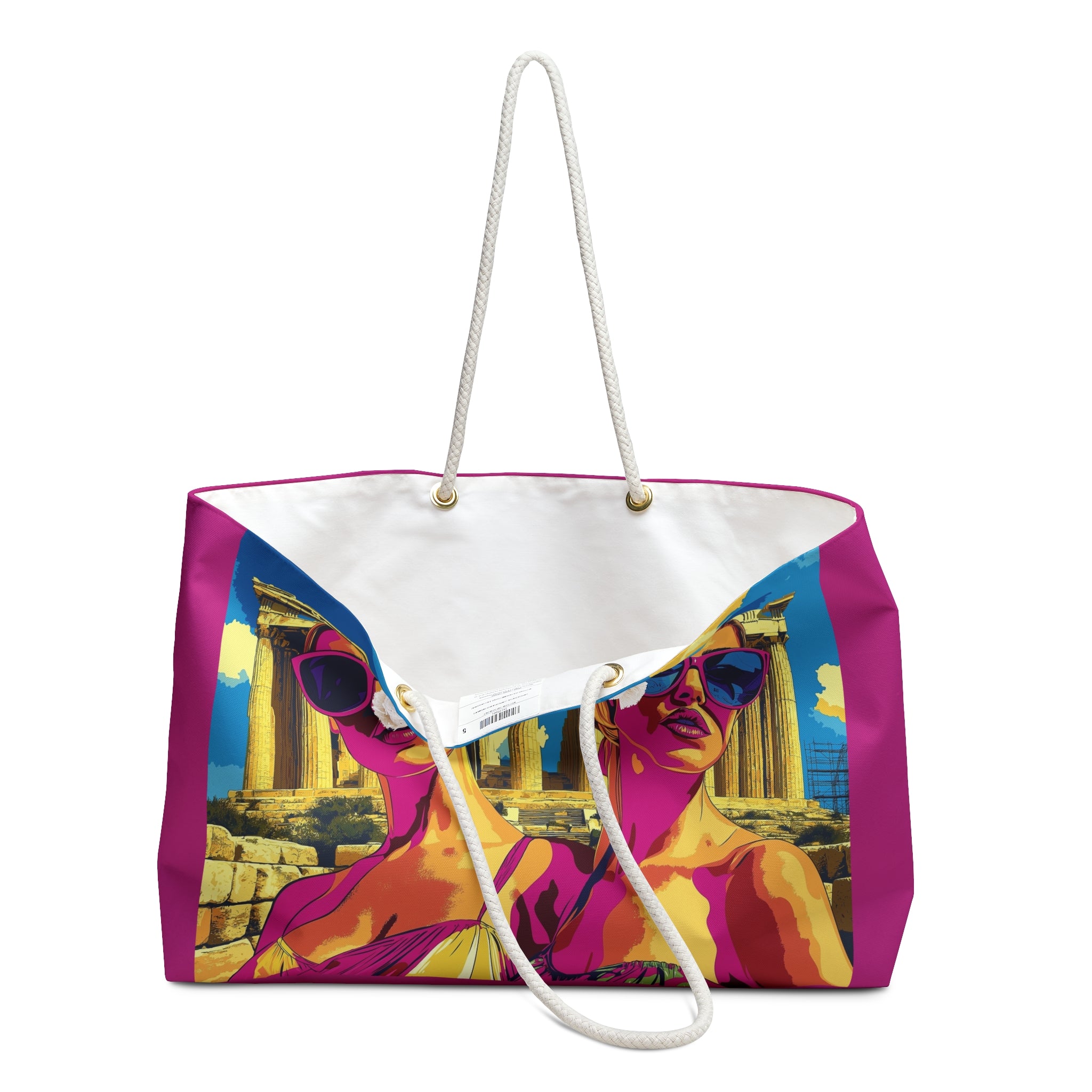 Colorful tote bag with a design of a woman in sunglasses and classical architecture.