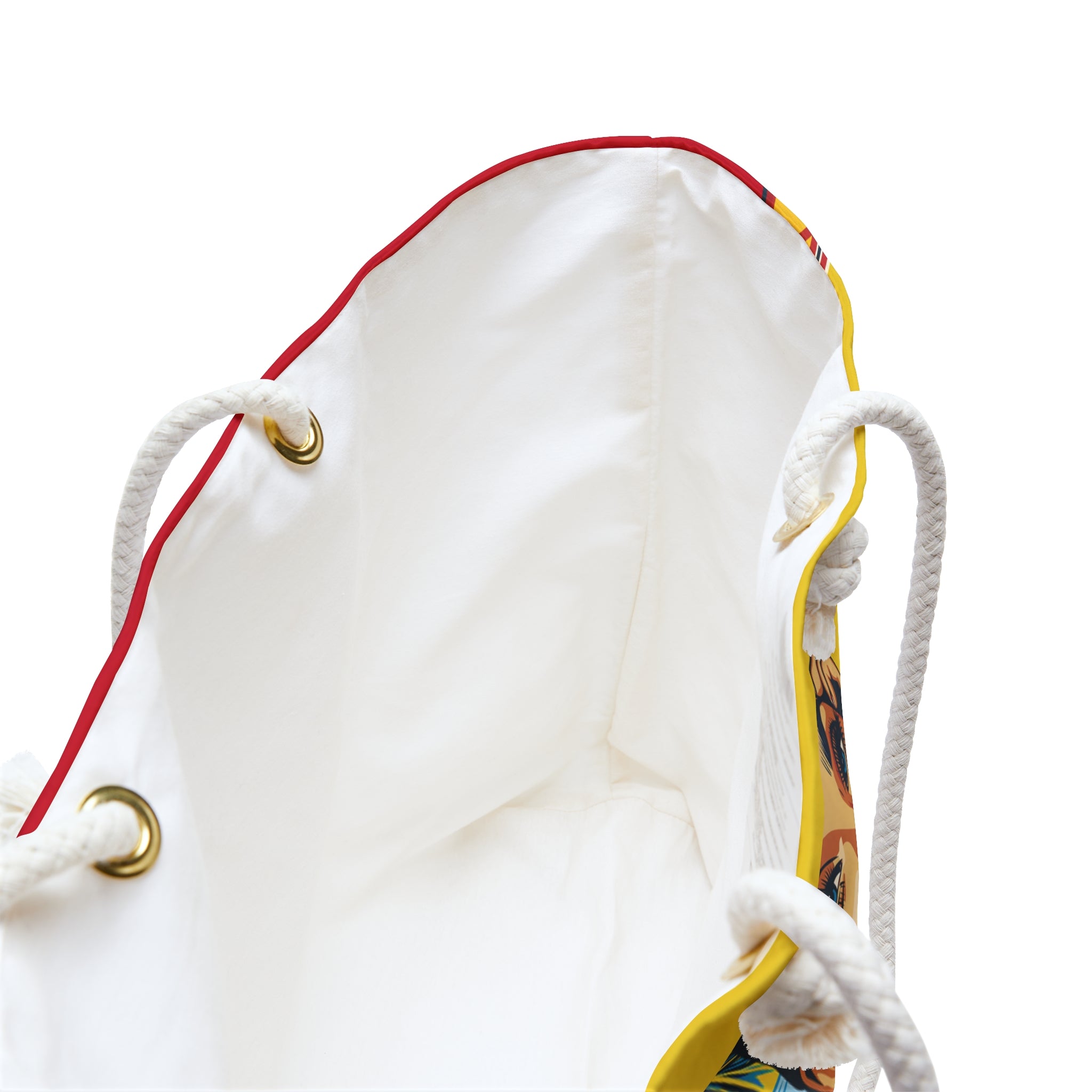 White drawstring bag with red trim and colorful pattern on a white background