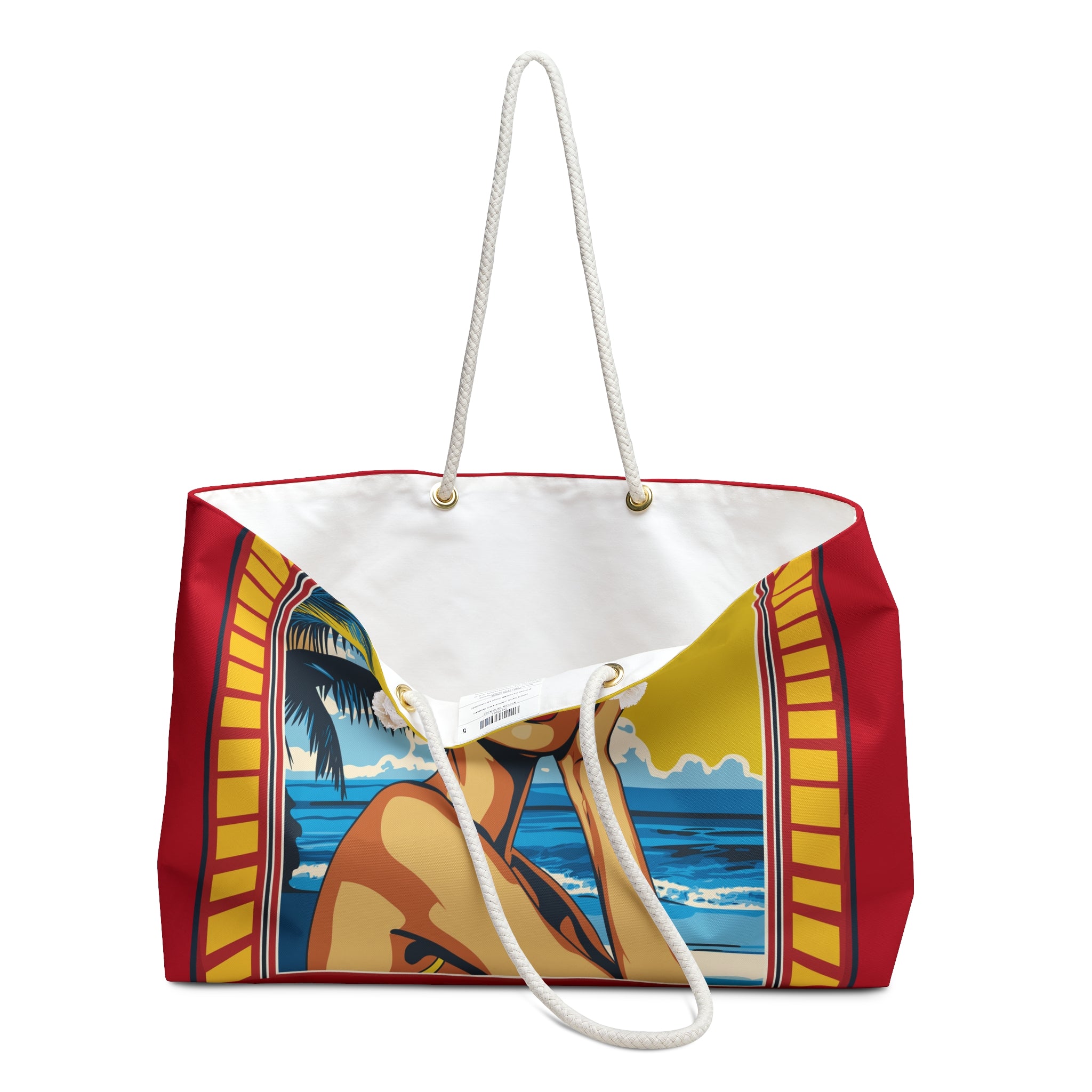 Beach bag with tropical design featuring a woman and palm trees on a white background
