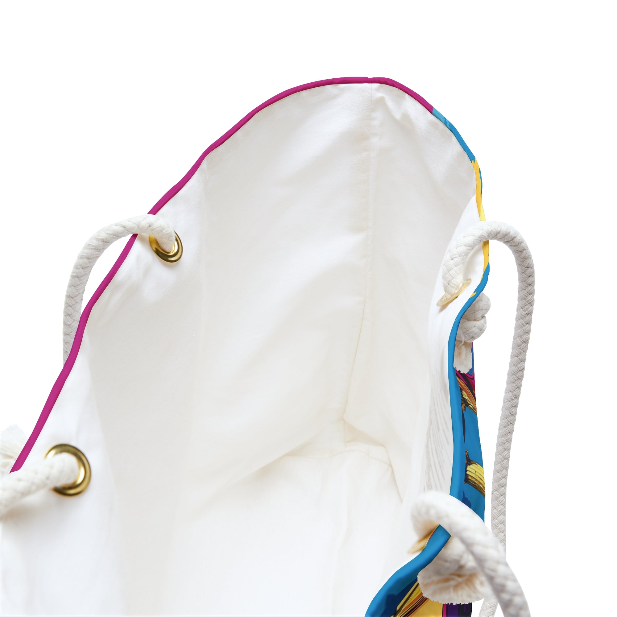 White drawstring bag with colorful accents on a white background