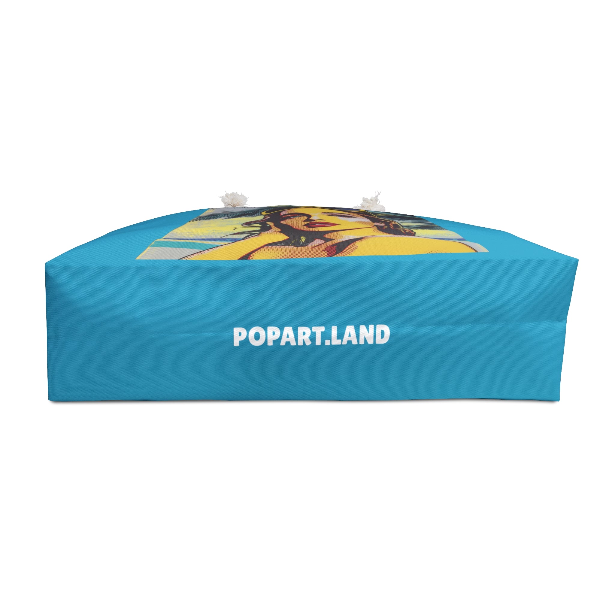 Blue rectangular pillow with a colorful design and 'POPART.LAND' text on a white background