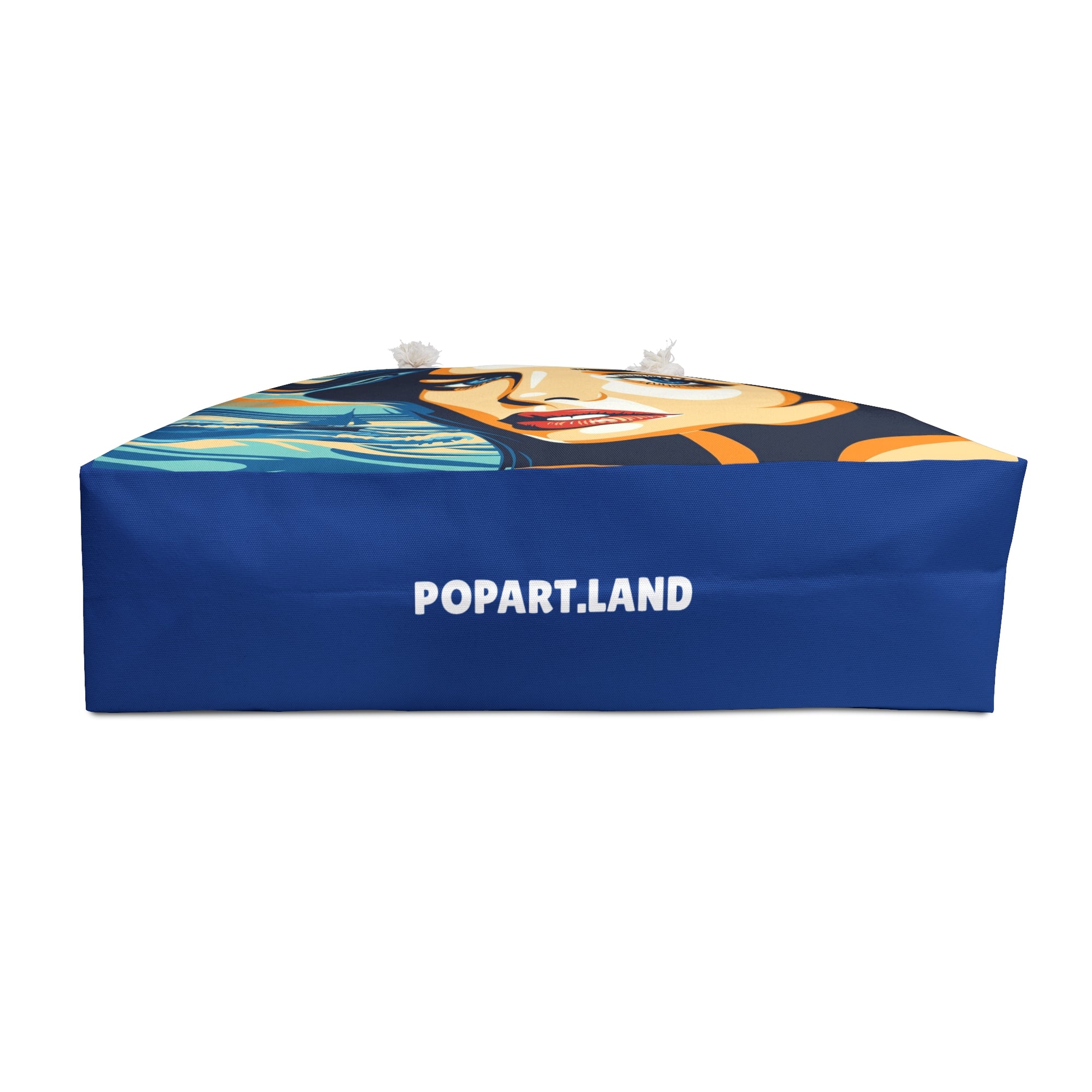 Blue inflatable structure with a face design and 'POPART.LAND' text on a white background