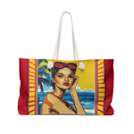 Tote bag with a colorful design of a woman by the beach on a white background