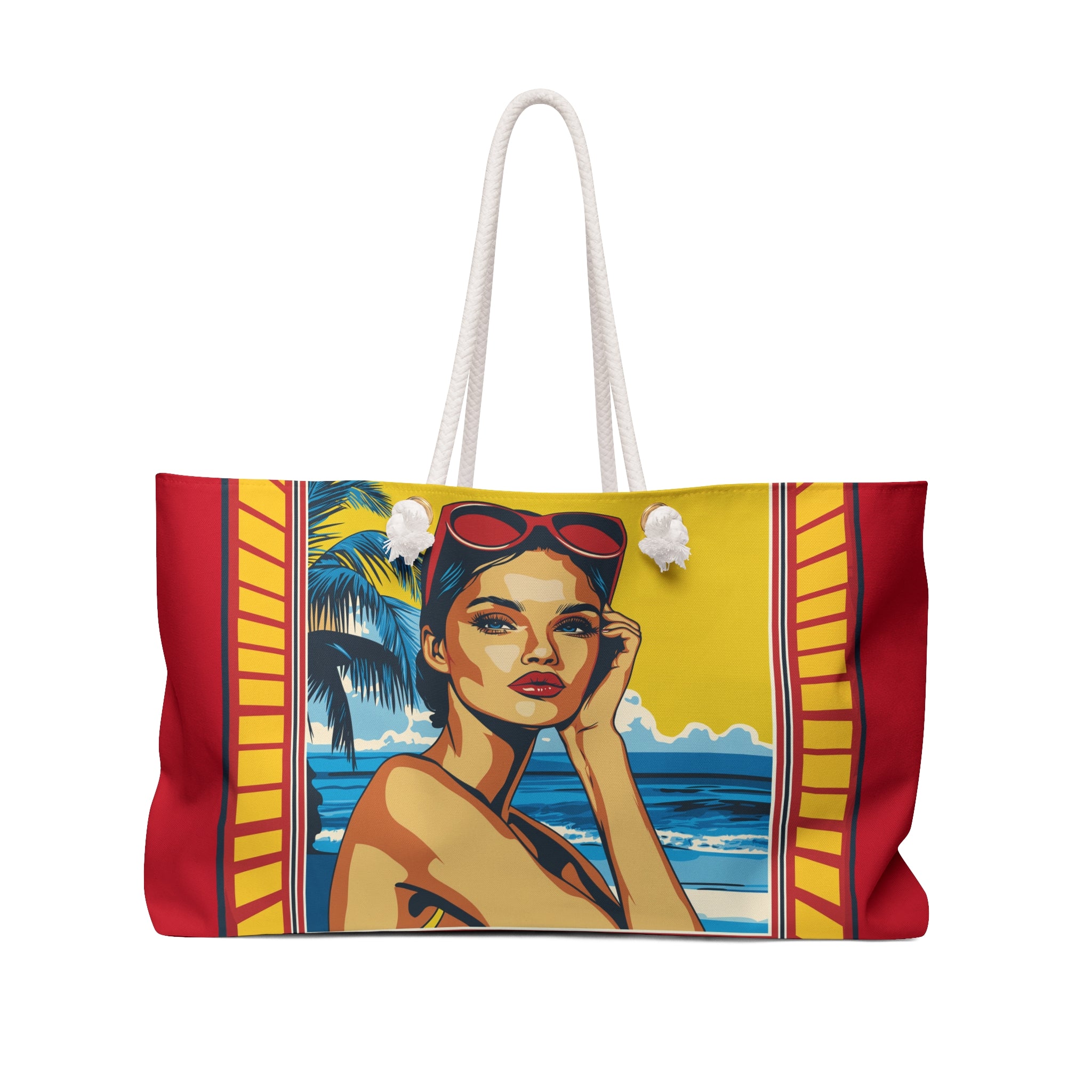 Tote bag with a colorful design of a woman by the beach on a white background