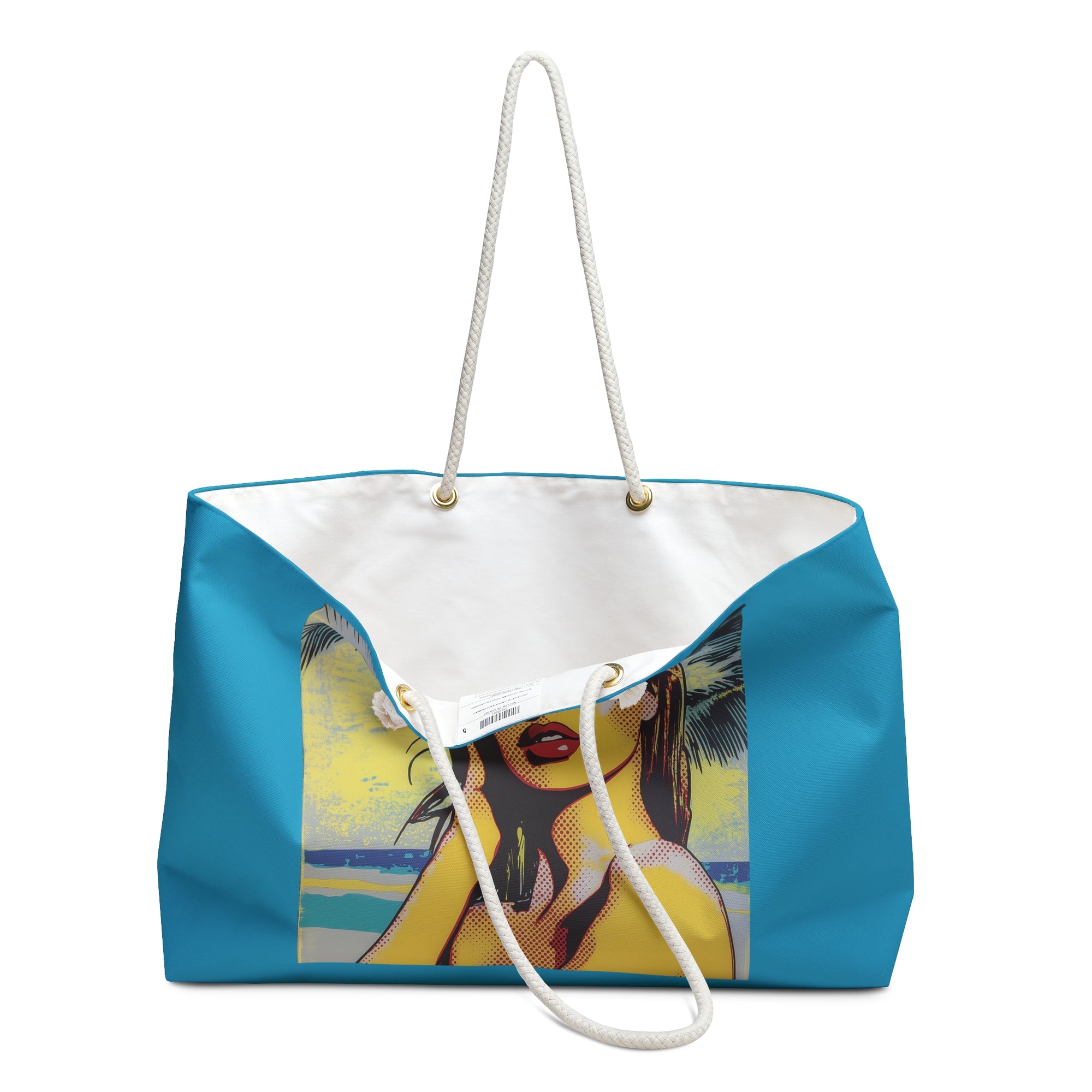 Tote bag with a colorful design of a woman on a beach, featuring a blue background and white drawstring.
