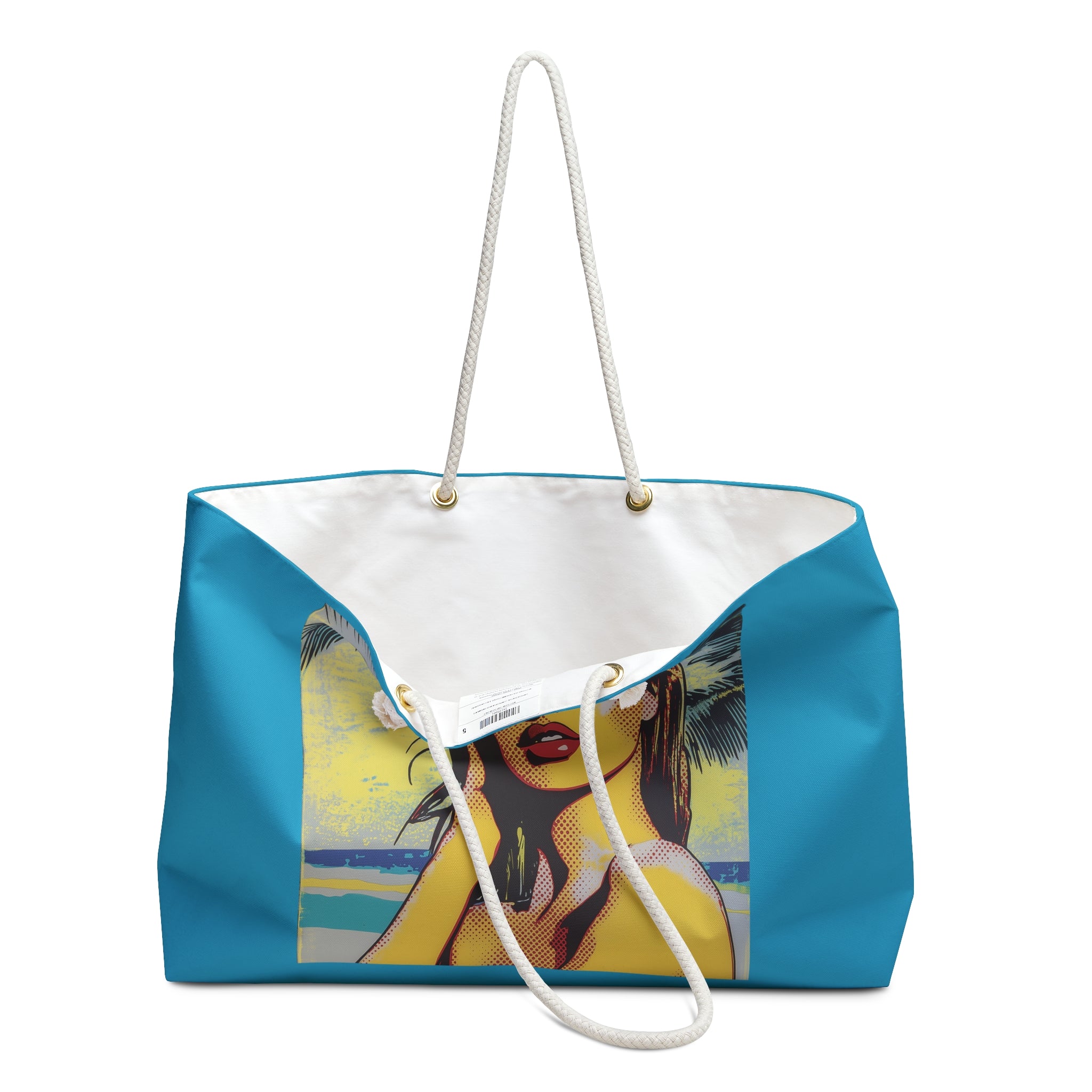 Tote bag with a colorful design of a woman on a beach, featuring a blue background and white drawstring.