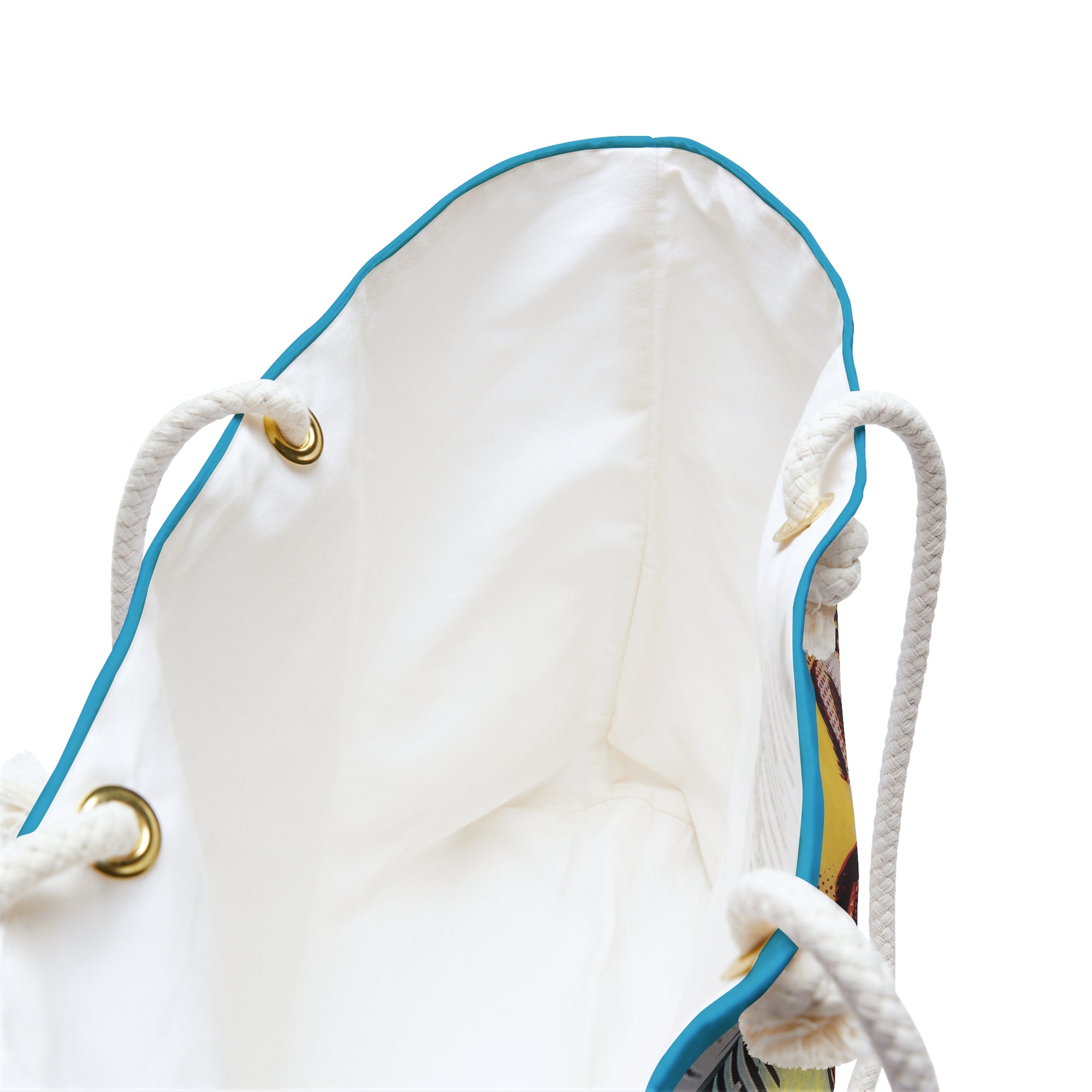 White drawstring bag with blue trim on a white background