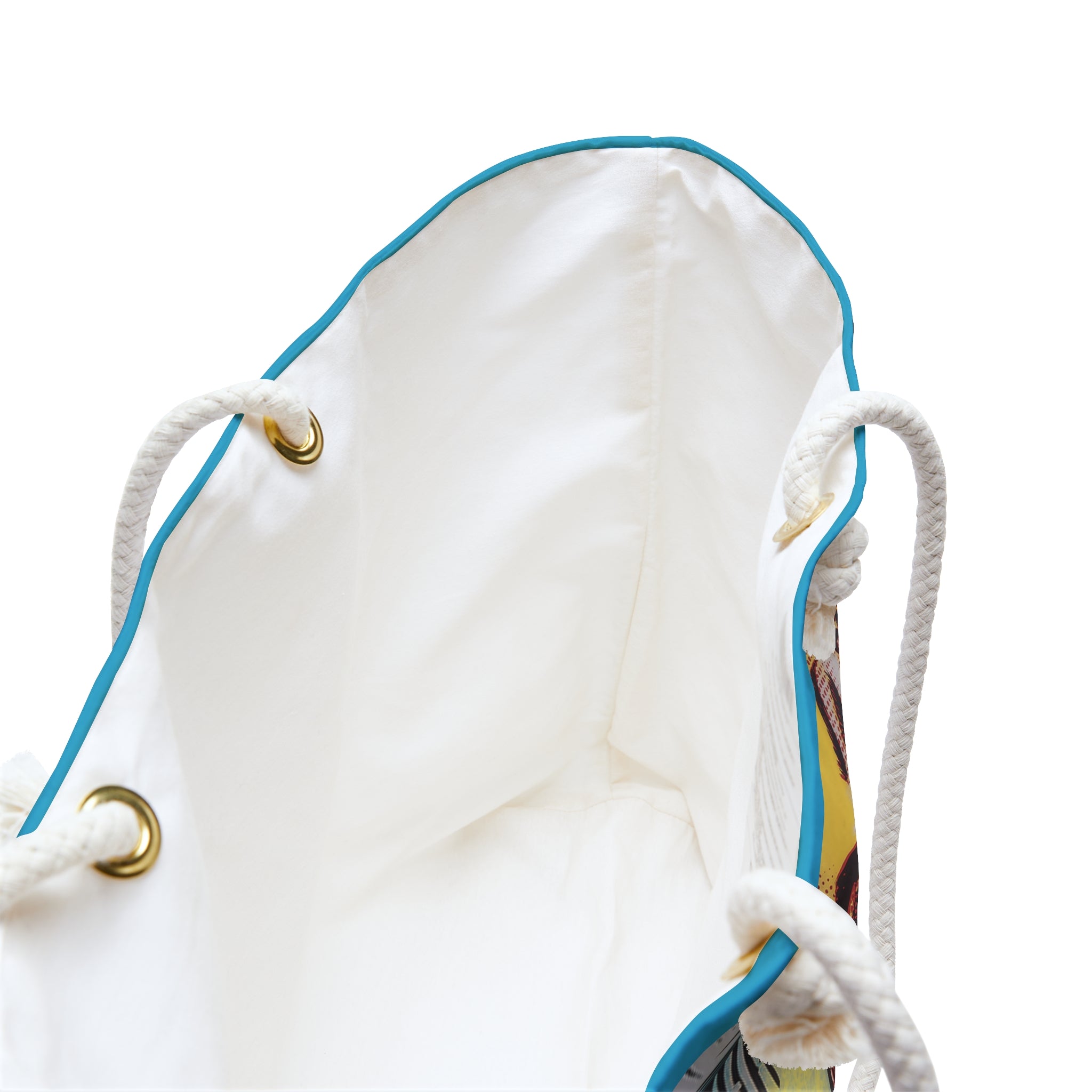 White drawstring bag with blue trim on a white background
