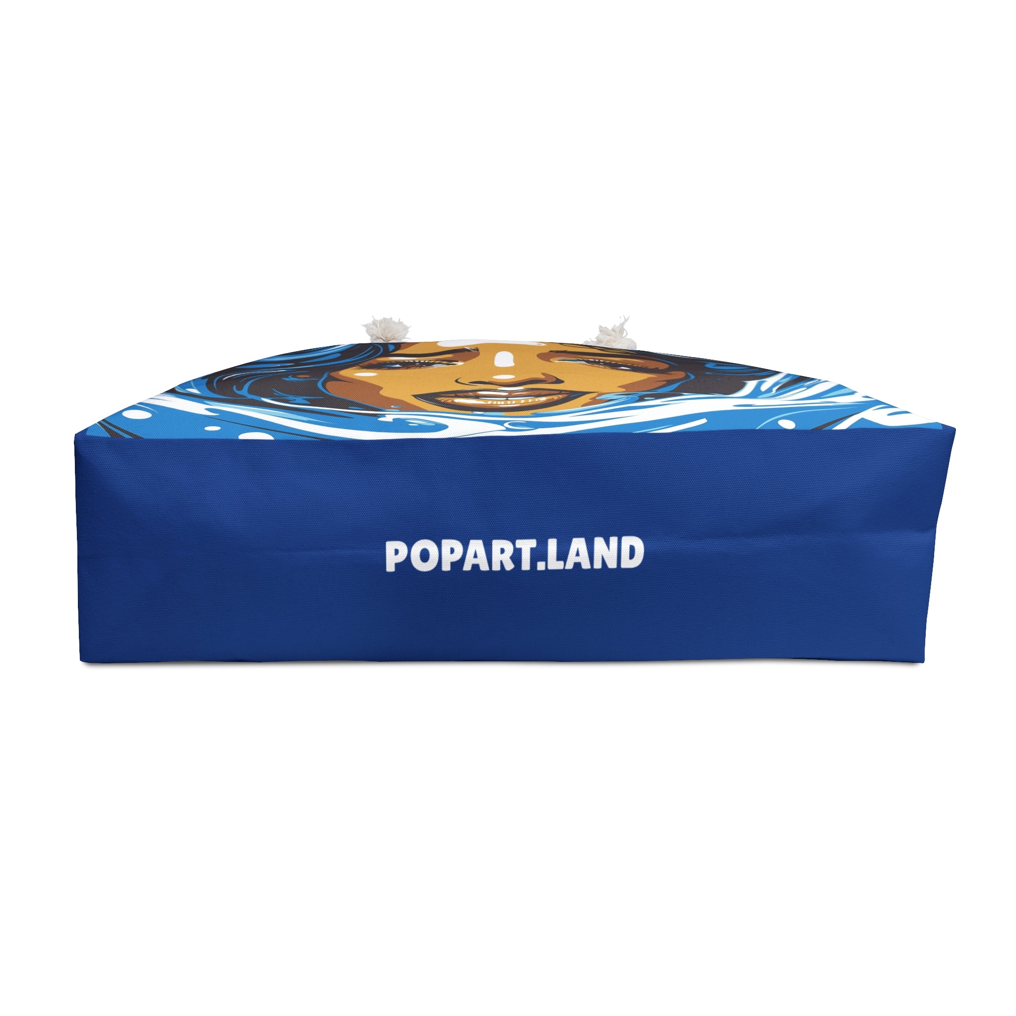 Blue inflatable pool with a cartoon face design and 'POPART.LAND' branding on a white background
