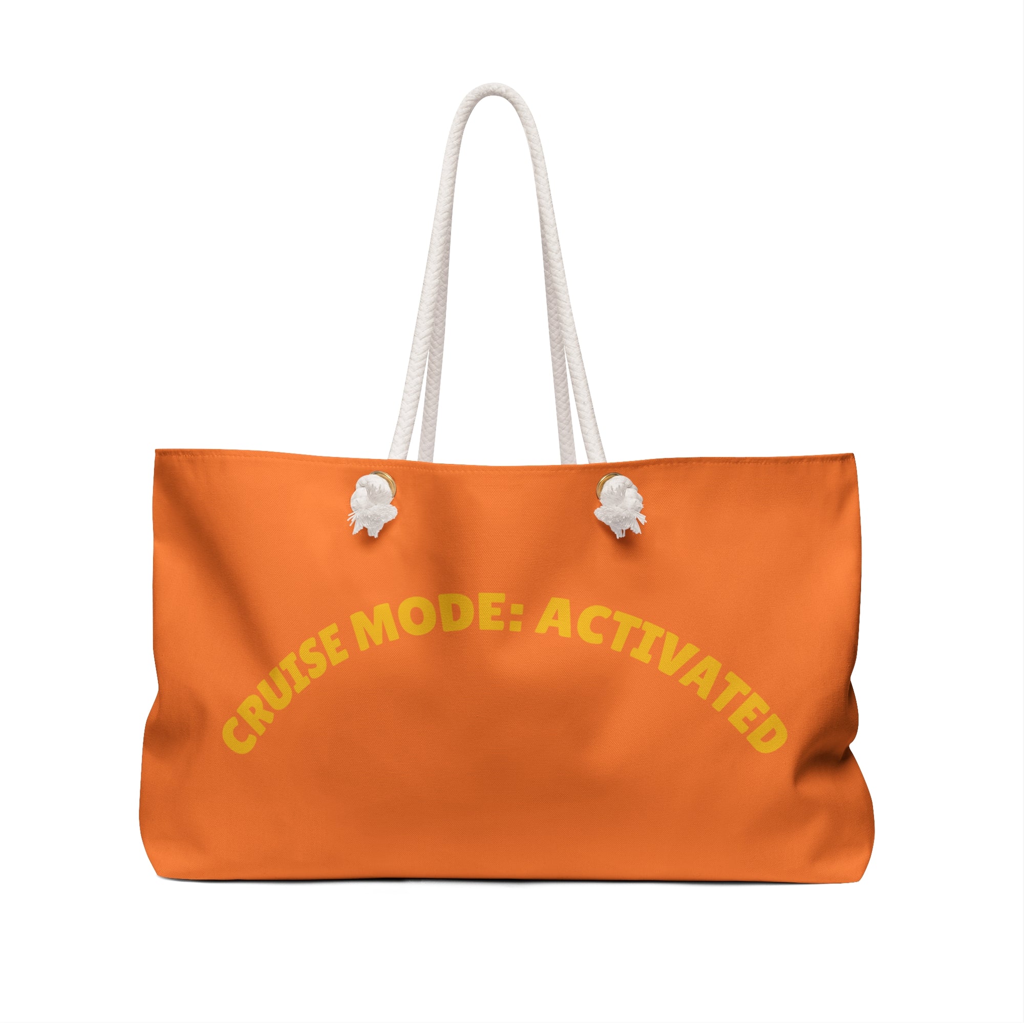 Orange tote bag with 'Cruise Mode: Activated' text on a white background