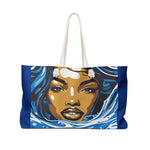 Tote bag with a colorful design of a woman's face on a white background