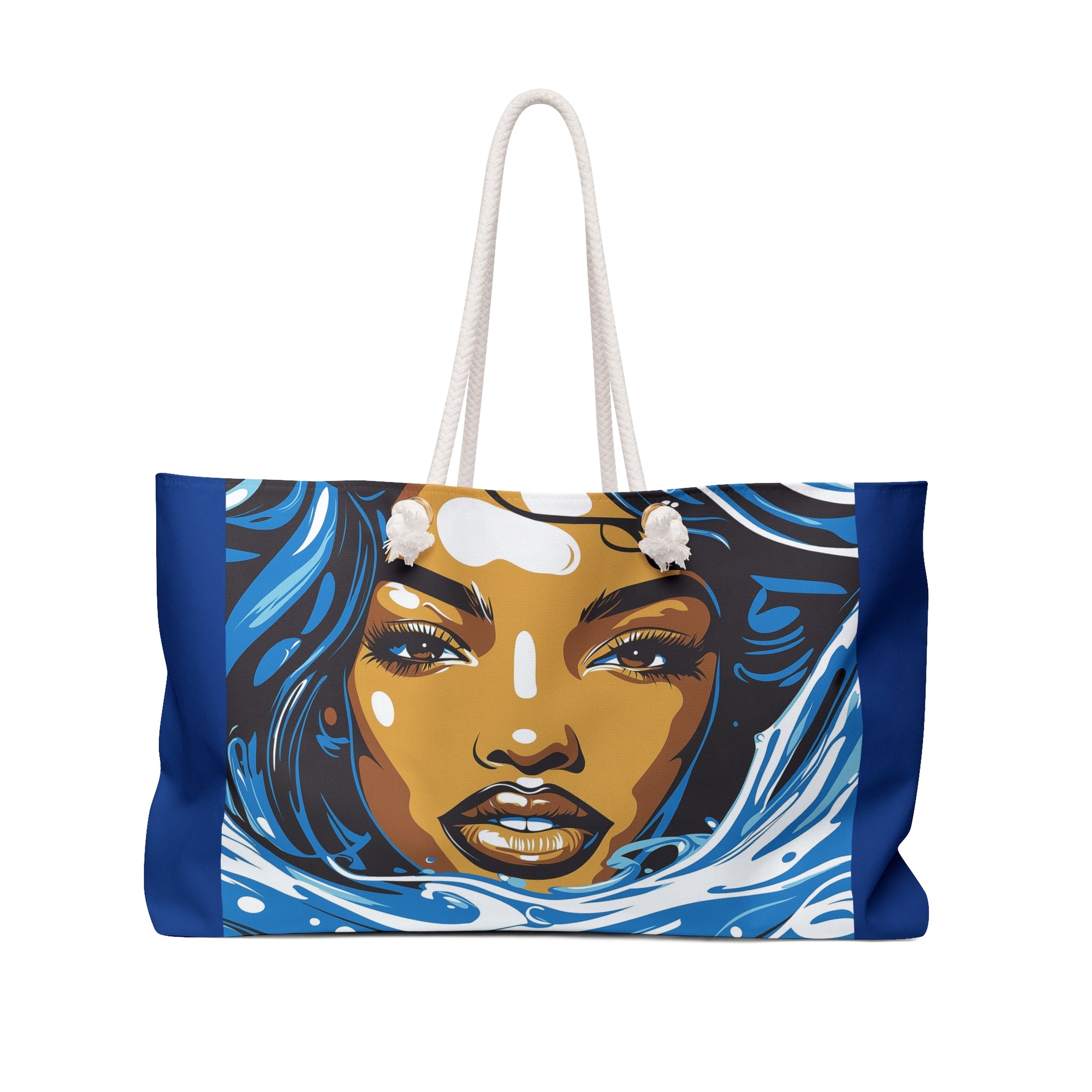 Tote bag with a colorful design of a woman's face on a white background