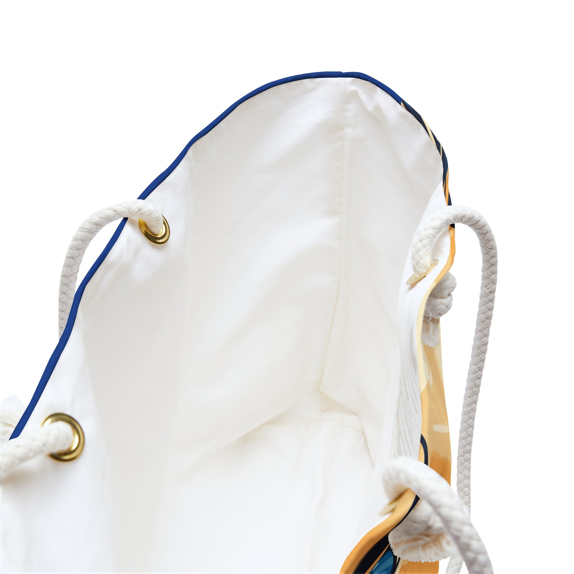 Close-up of a drawstring bag with white body, blue trim, and gold metal loops on a white background.