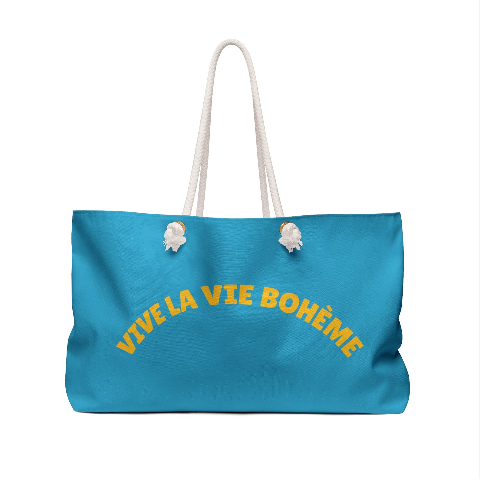 Blue tote bag with 'Vive la Vie Bohème' text on a white background