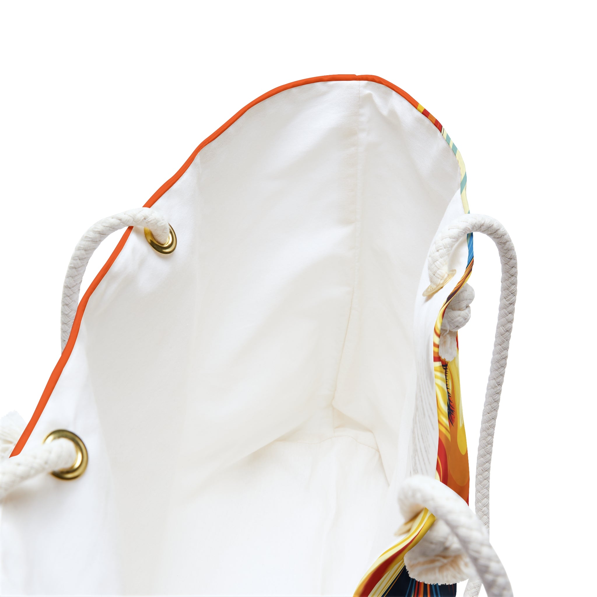 White drawstring bag with colorful design on a white background