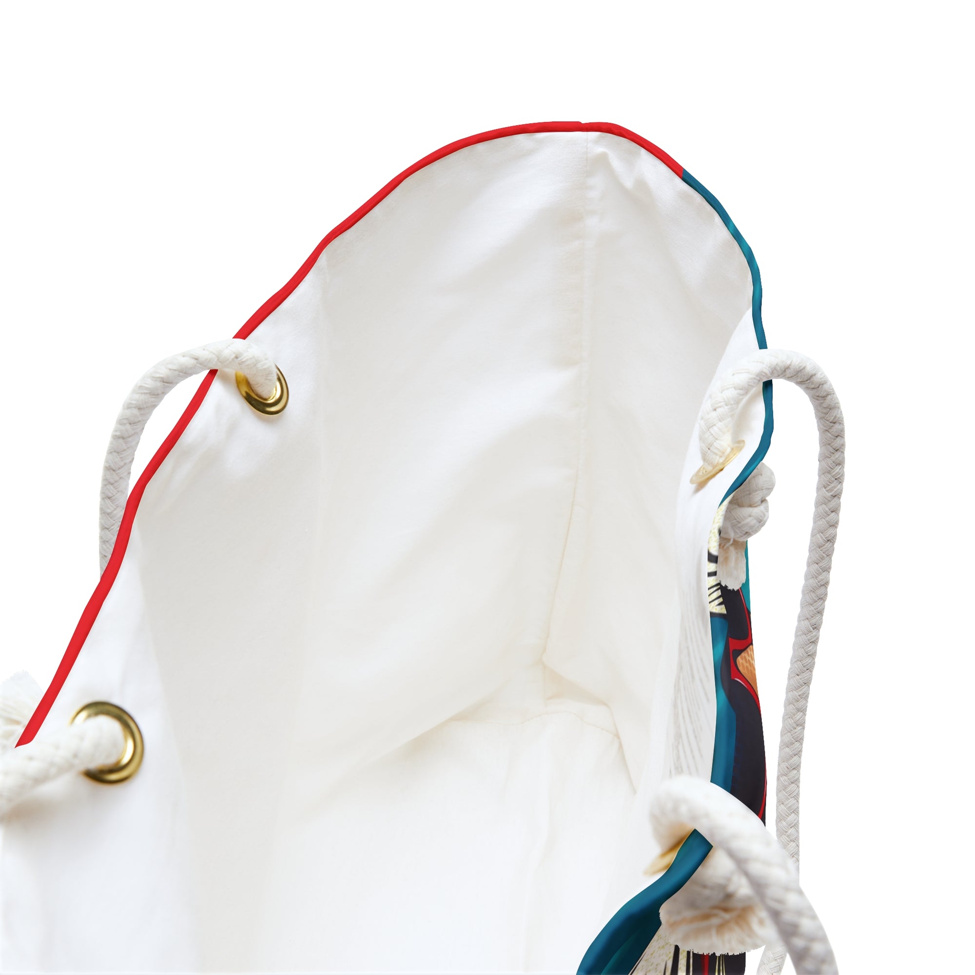 White drawstring bag with colorful strap on a white background