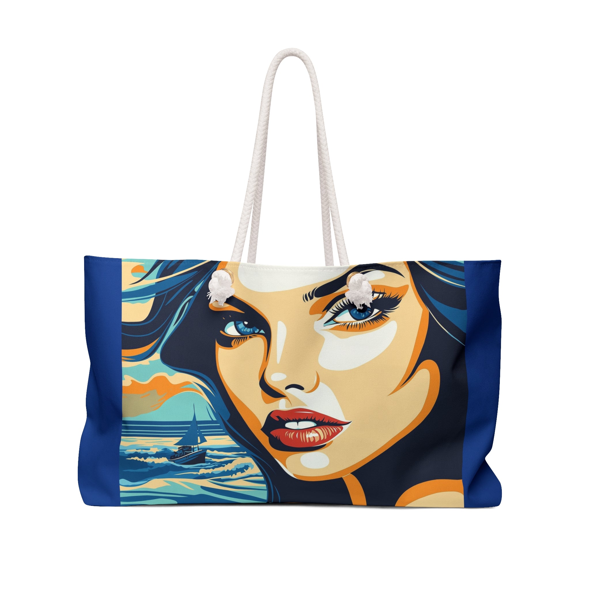 Tote bag with a colorful design of a woman's face and ocean scene on a white background