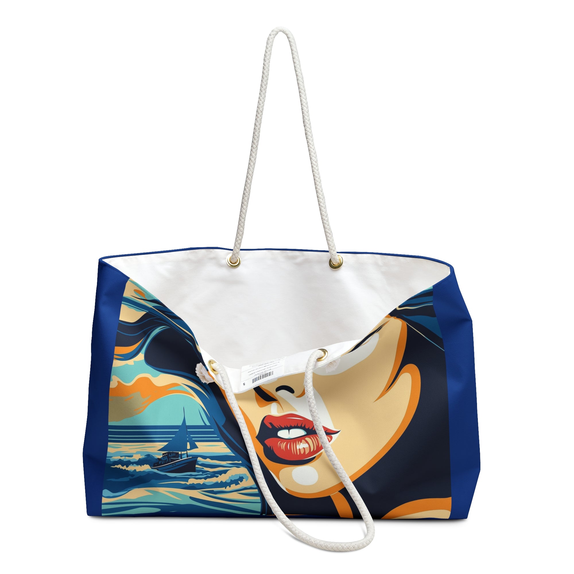 Tote bag with a design inspired by famous artworks on a white background