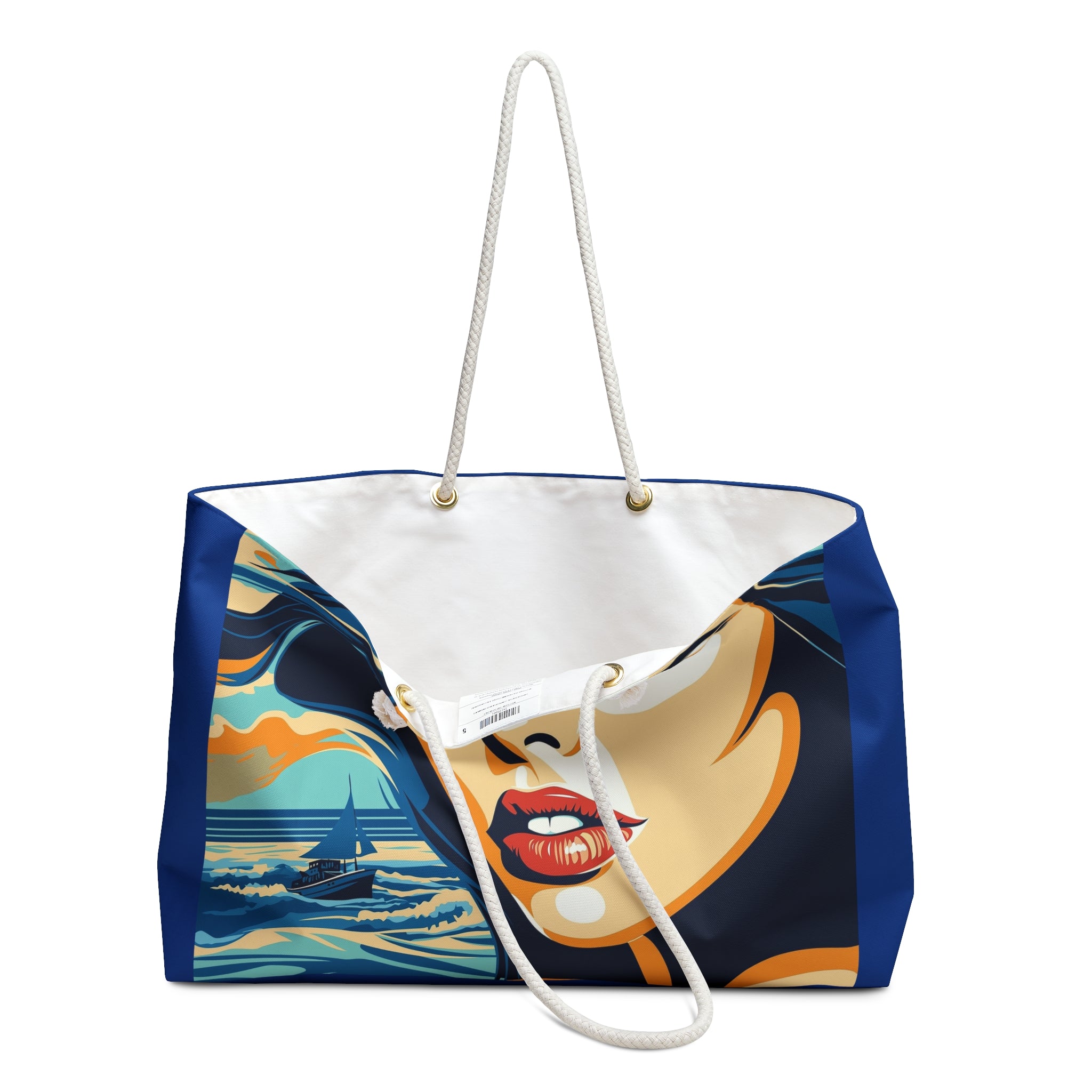 Tote bag with a design inspired by famous artworks on a white background