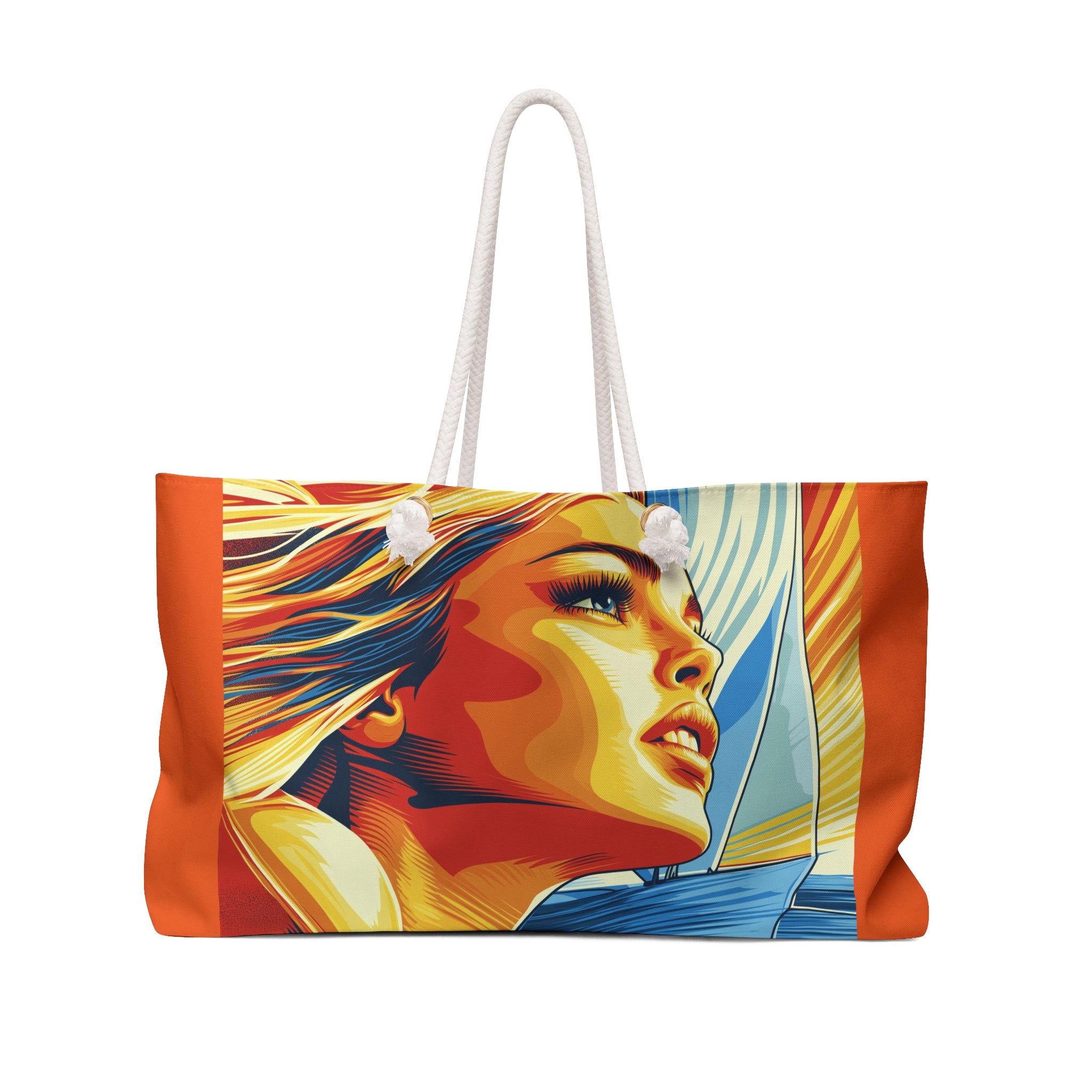 Colorful tote bag with artistic depiction of a woman's face on a white background
