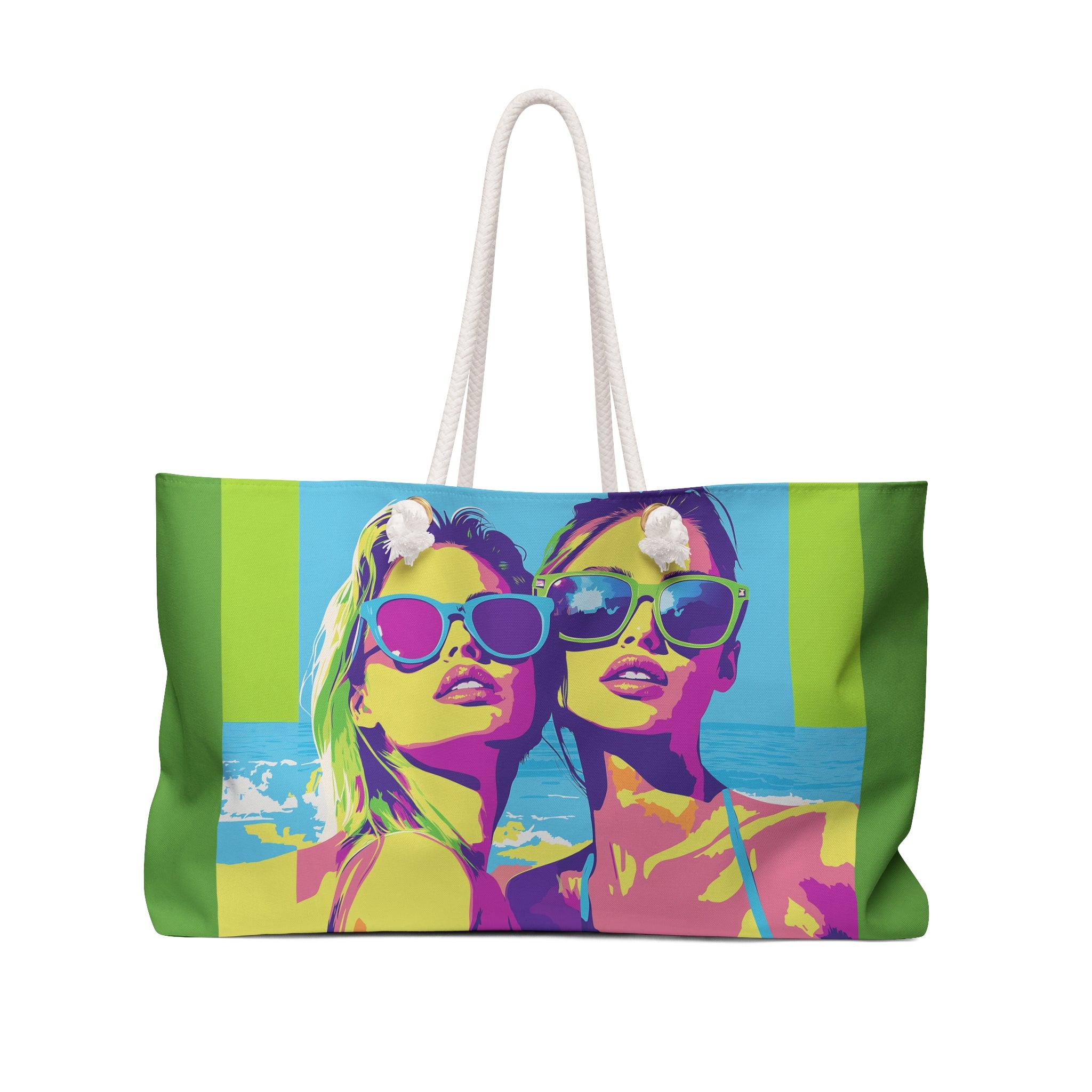 Colorful tote bag with a design of two people wearing sunglasses on a white background
