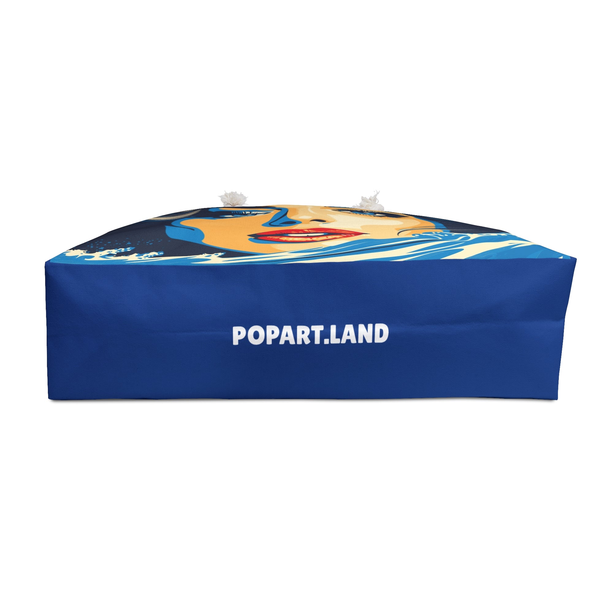 Blue inflatable table with colorful design and 'POPART.LAND' branding on a white background