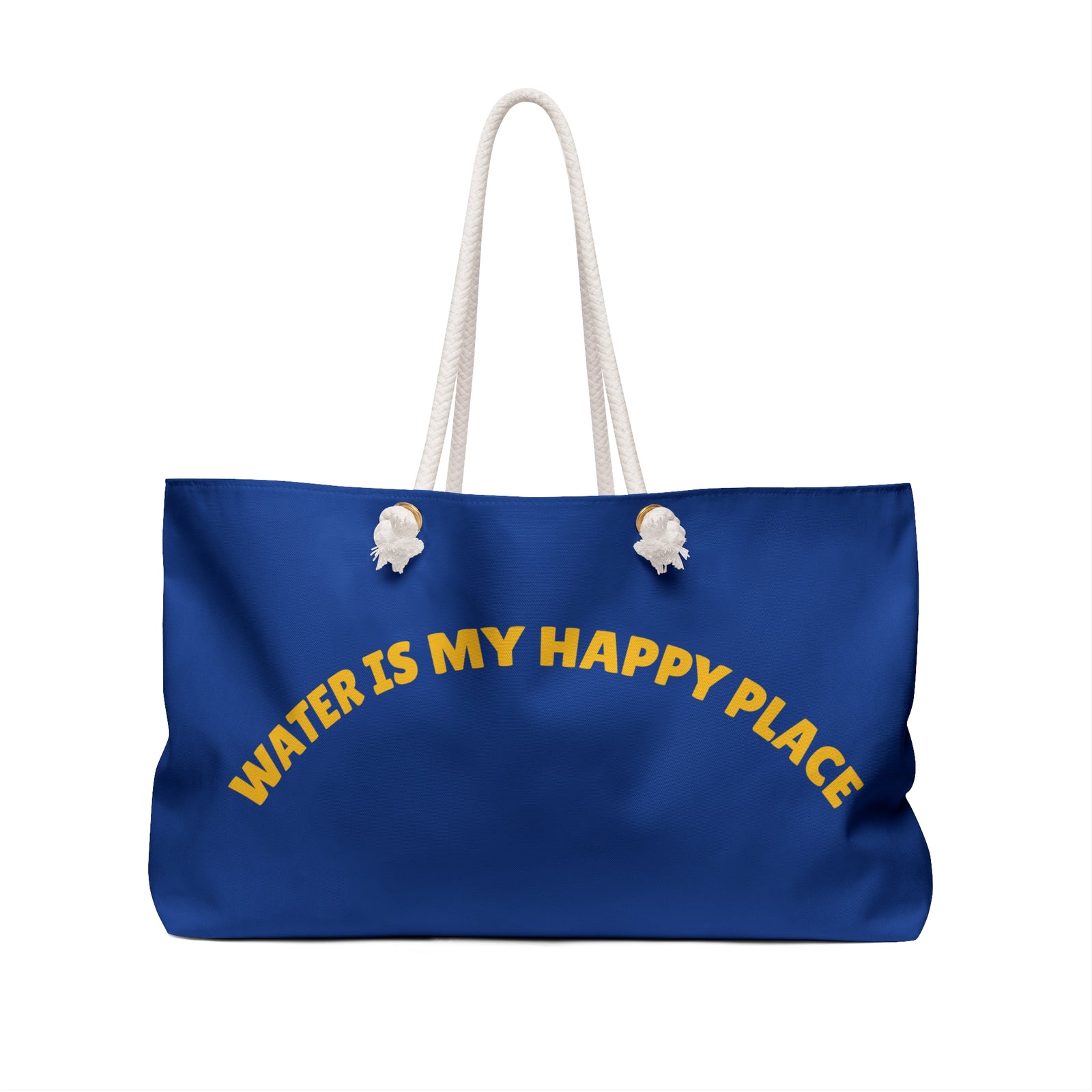 Blue tote bag with 'Water is my happy place' text on a white background