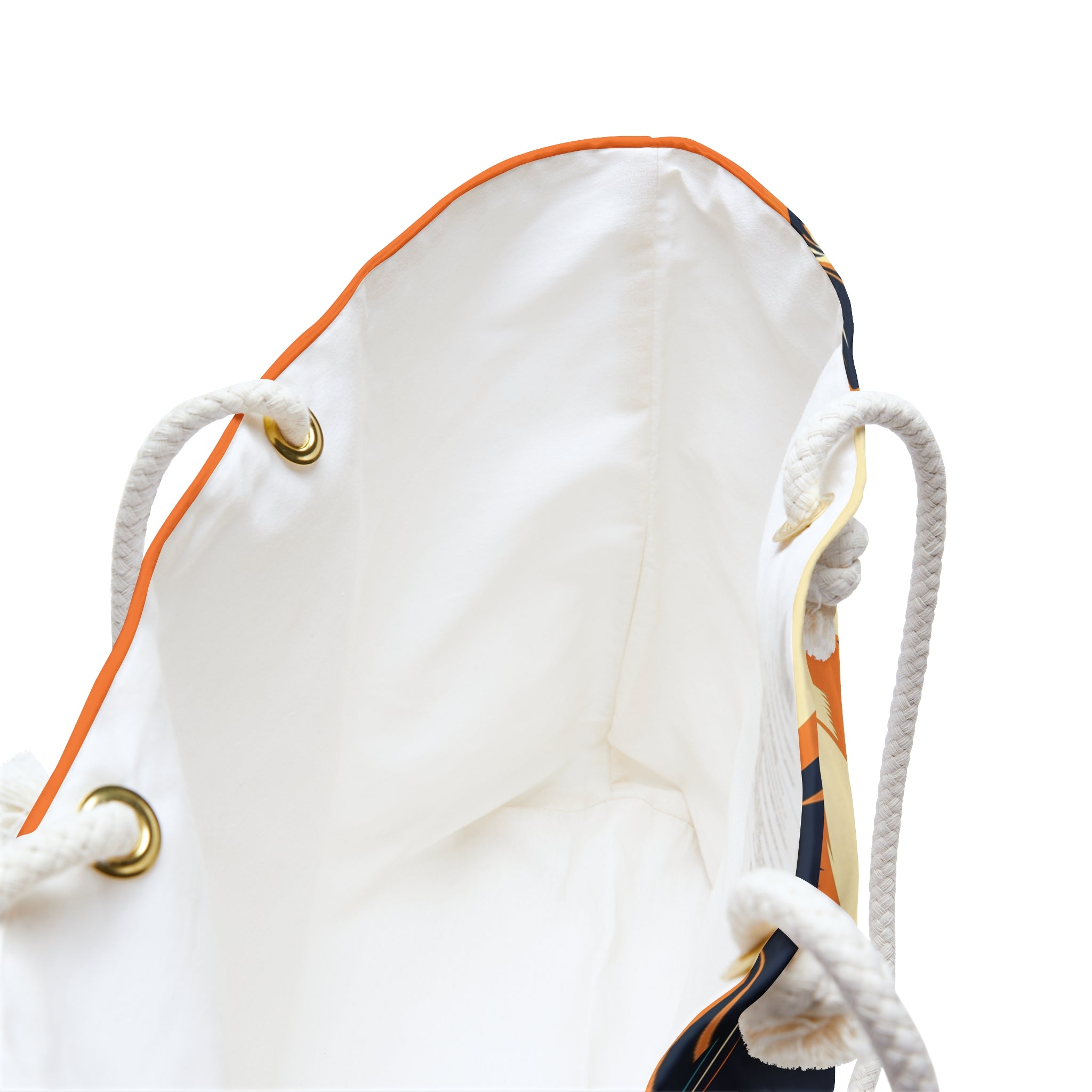 White drawstring bag with orange trim on a white background